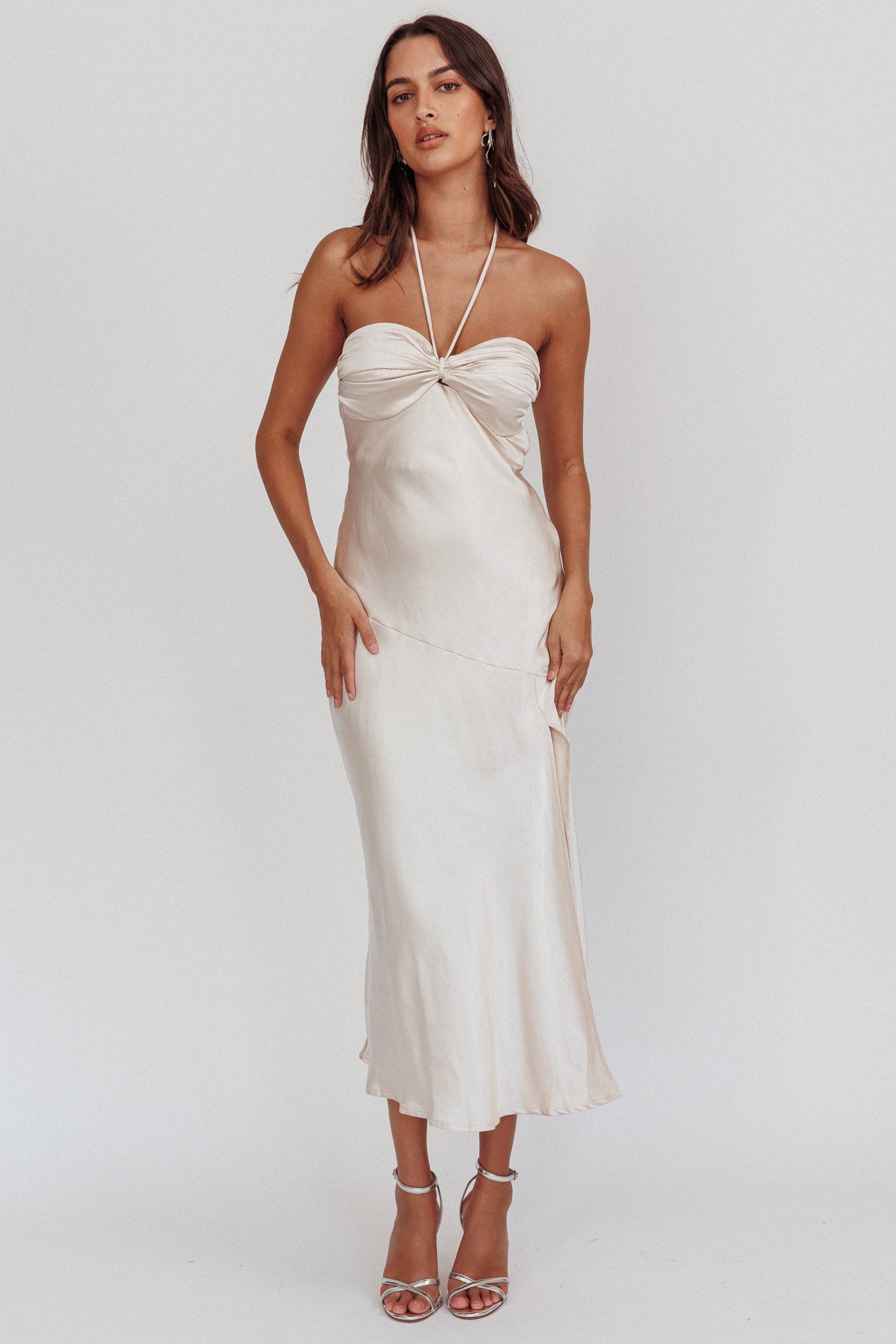 Kindred Spirit Strapless Gathered Bust Midi Dress Champagne-Maymioy