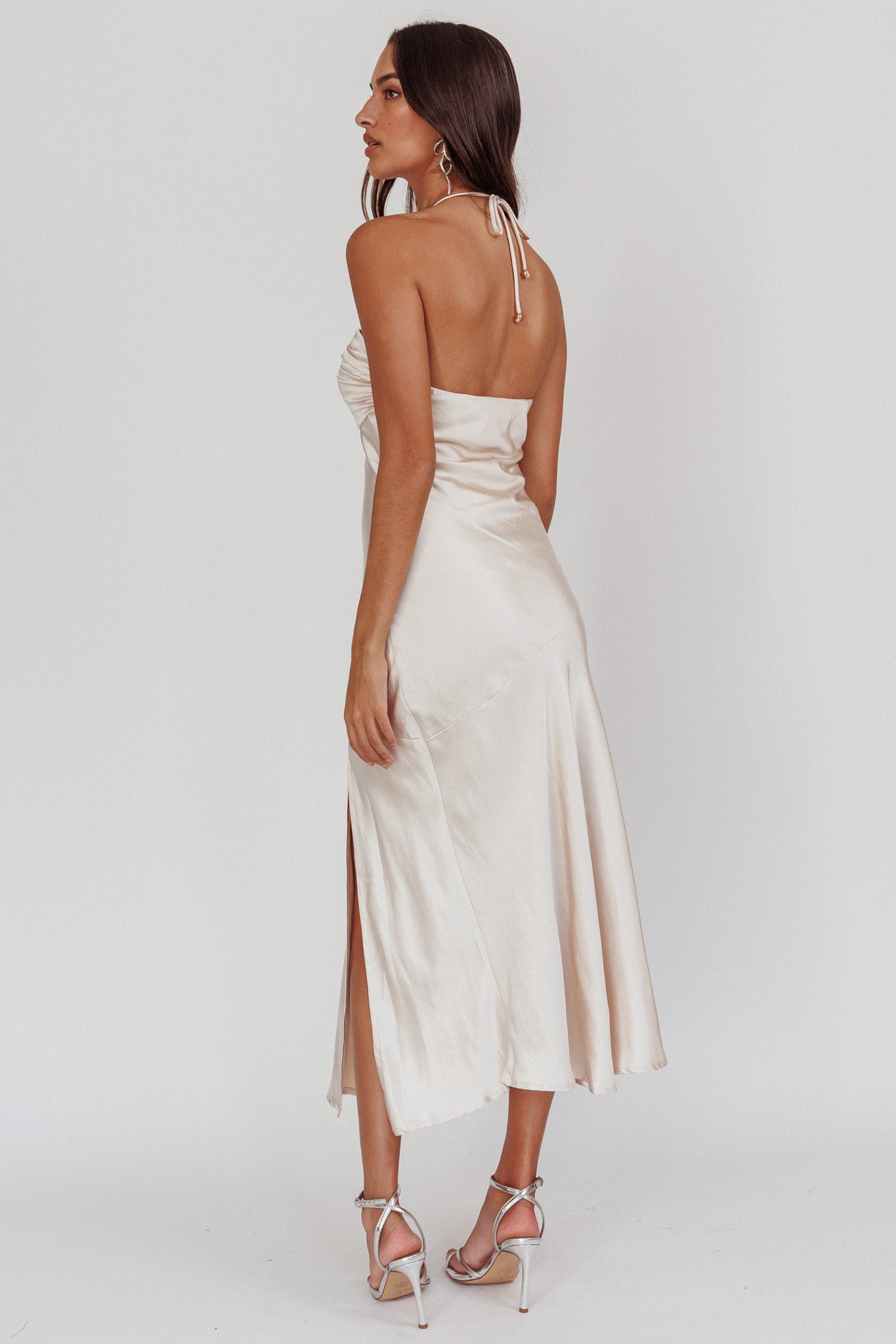 Kindred Spirit Strapless Gathered Bust Midi Dress Champagne-Maymioy