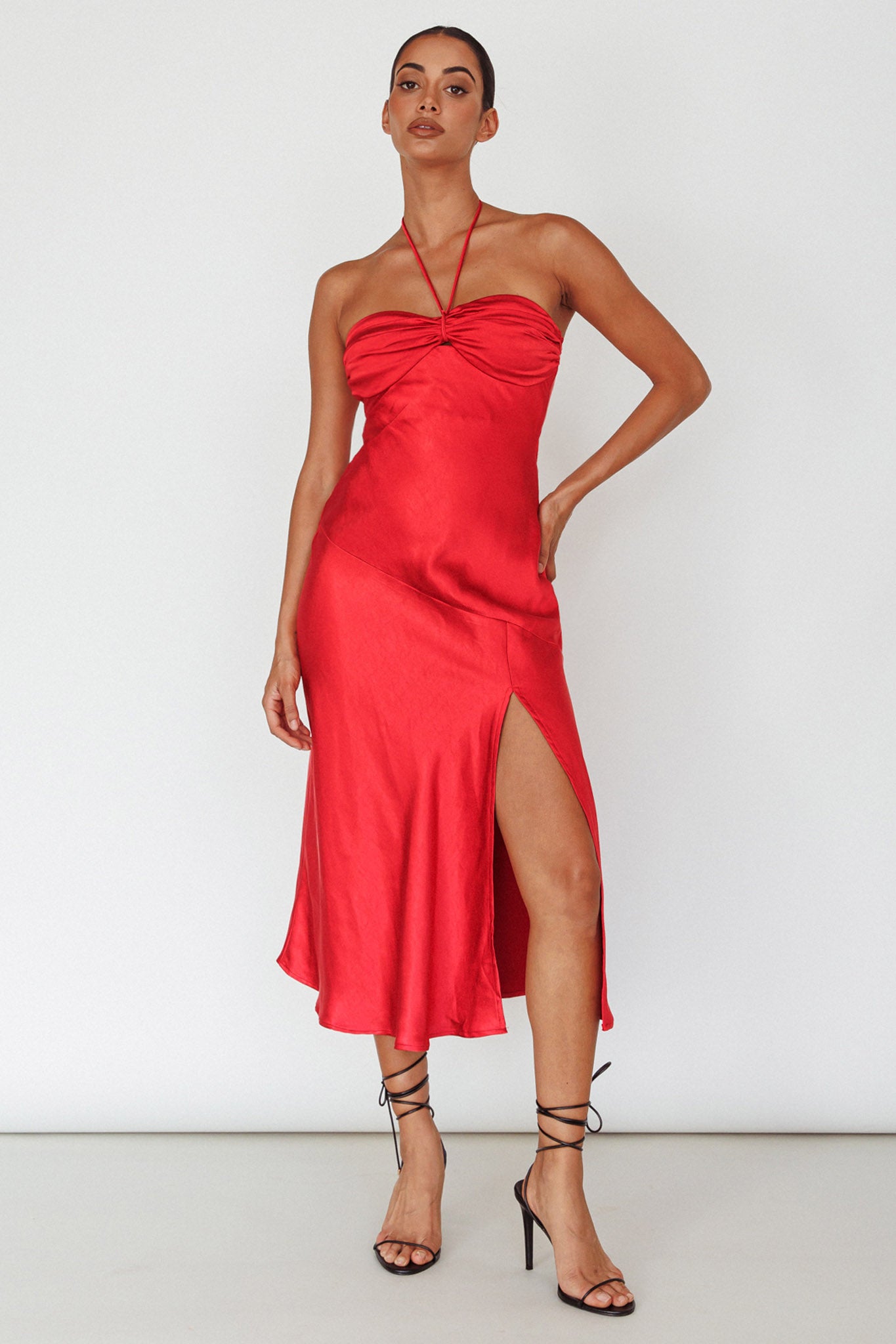 Kindred Spirit Strapless Gathered Bust Midi Dress Red-Maymioy