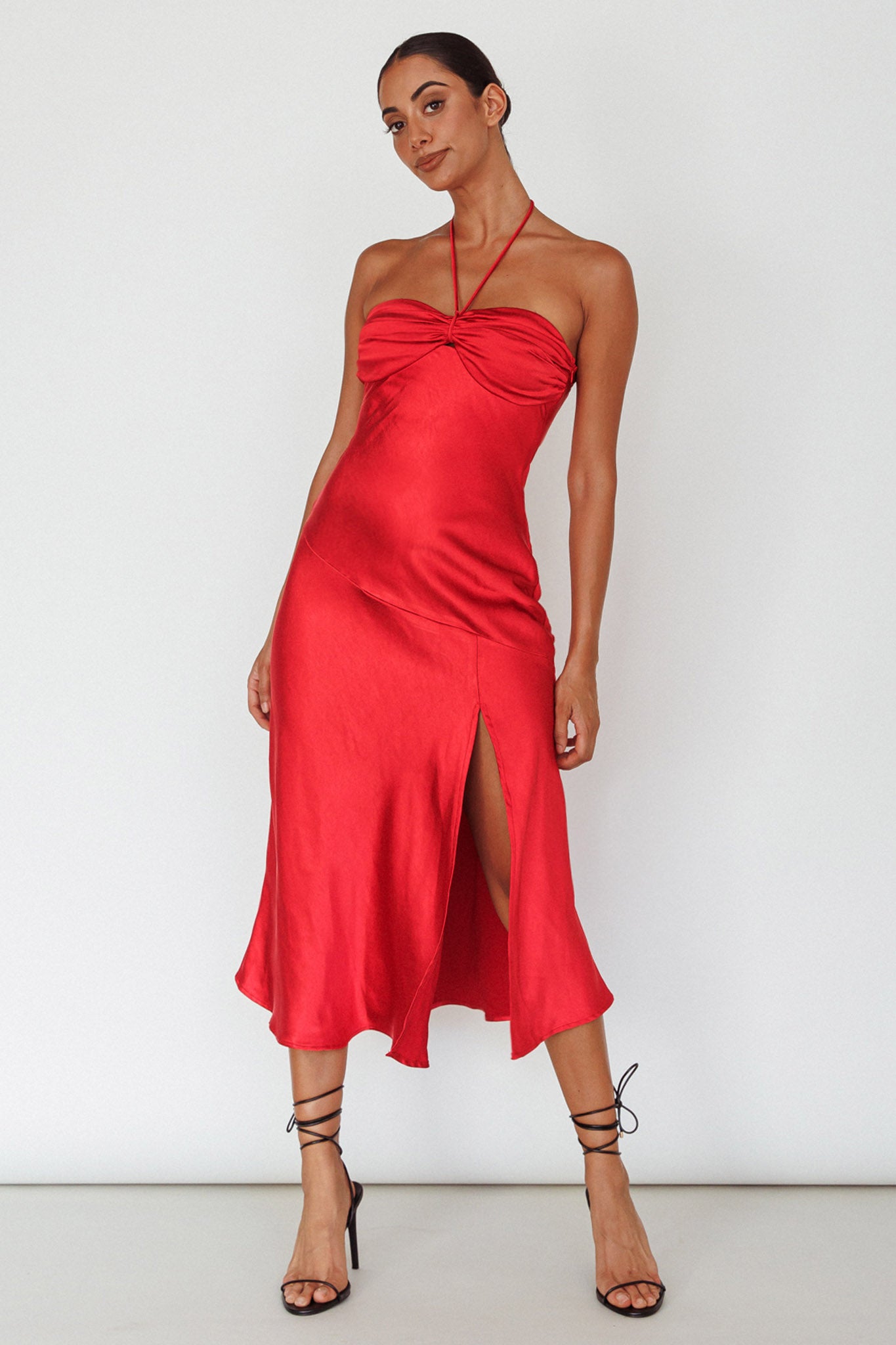 Kindred Spirit Strapless Gathered Bust Midi Dress Red-Maymioy