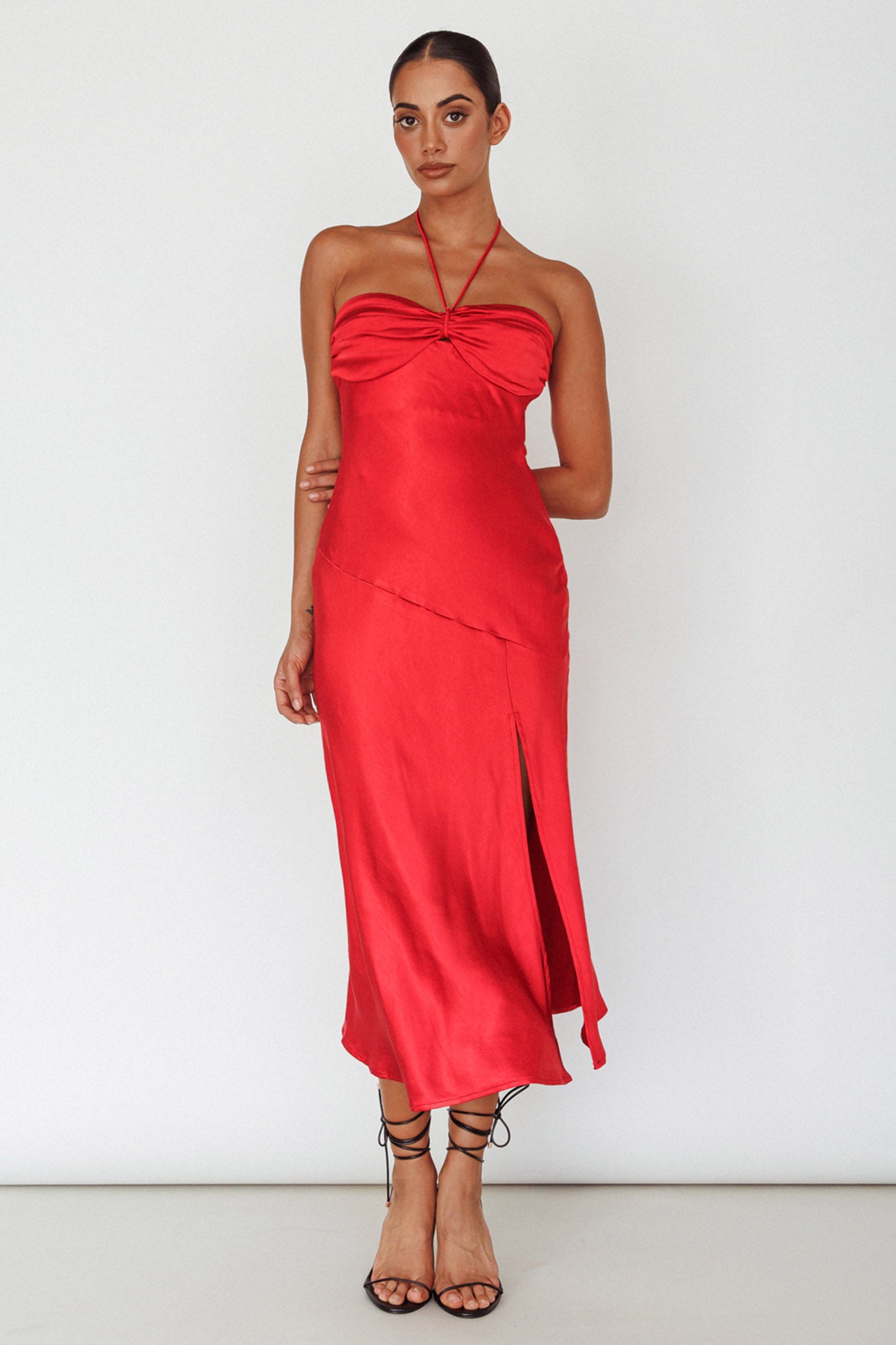 Kindred Spirit Strapless Gathered Bust Midi Dress Red-Maymioy