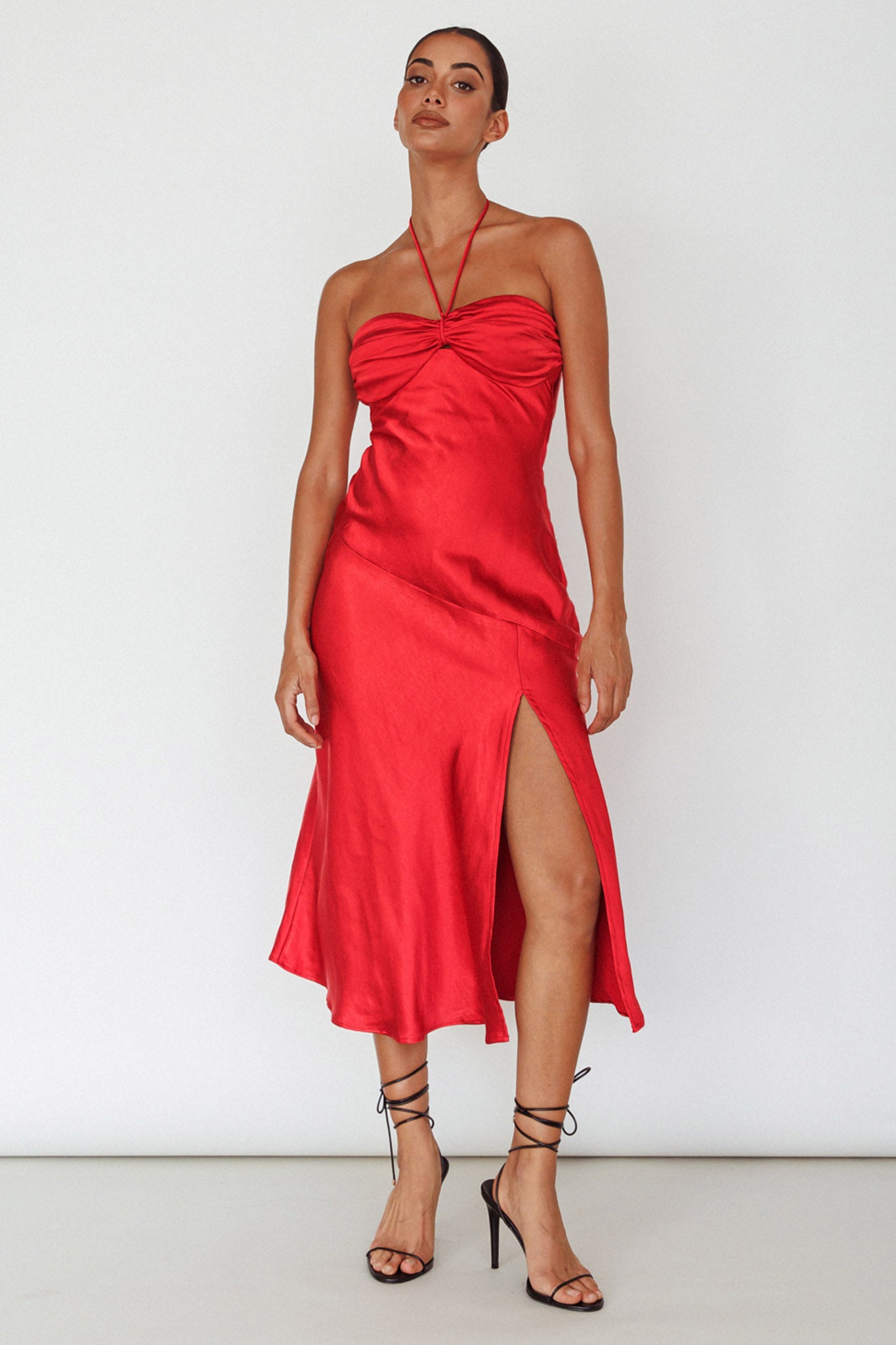 Kindred Spirit Strapless Gathered Bust Midi Dress Red-Maymioy