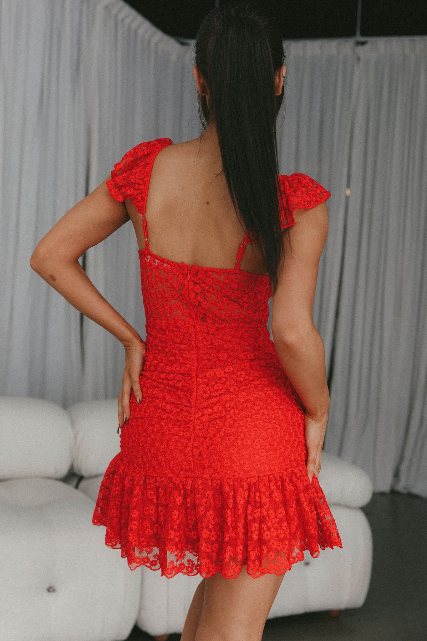 Presley Embroidered Frill Dress Red-Maymioy