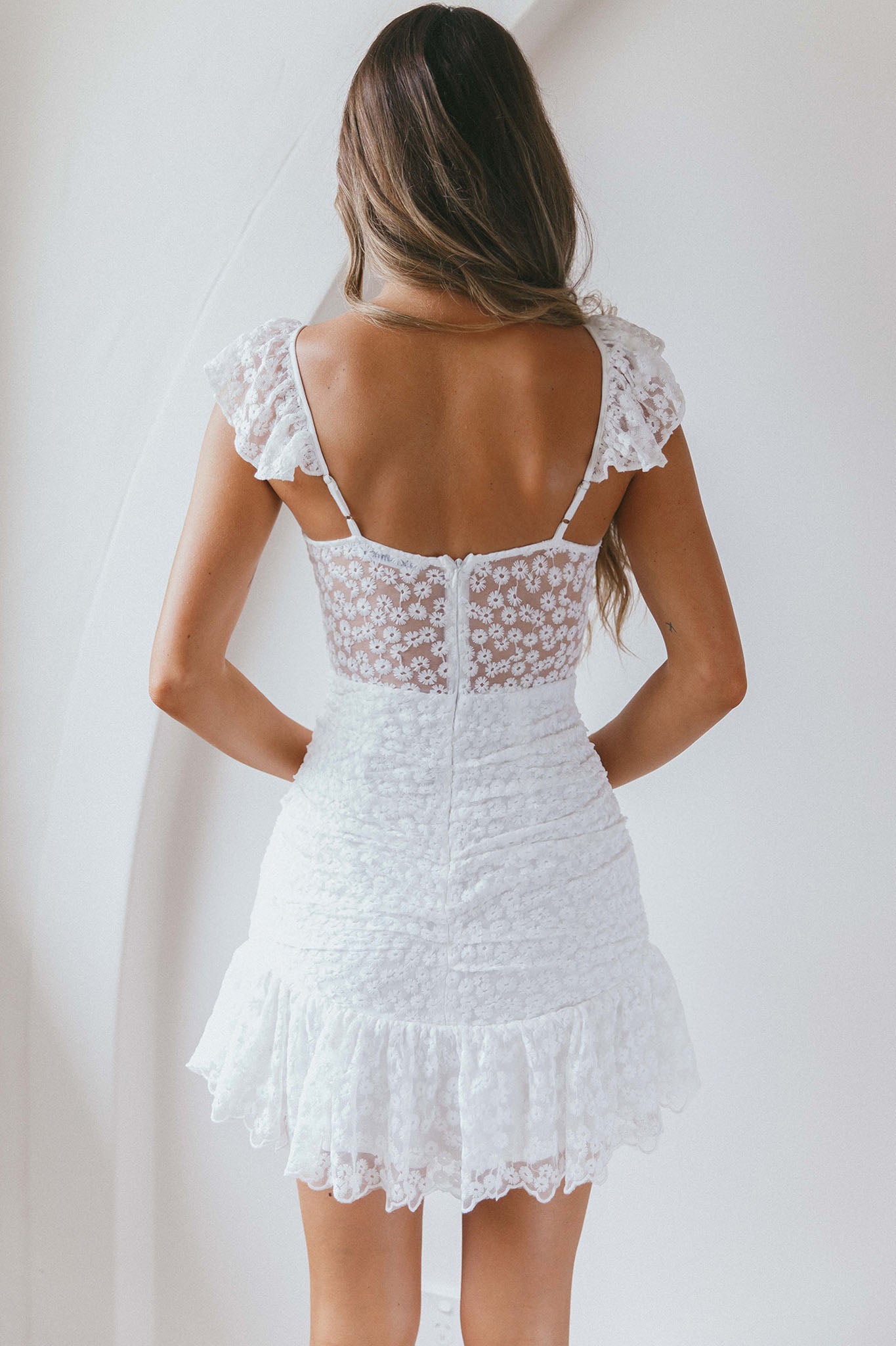Presley Embroidered Frill Dress Steel White-Maymioy