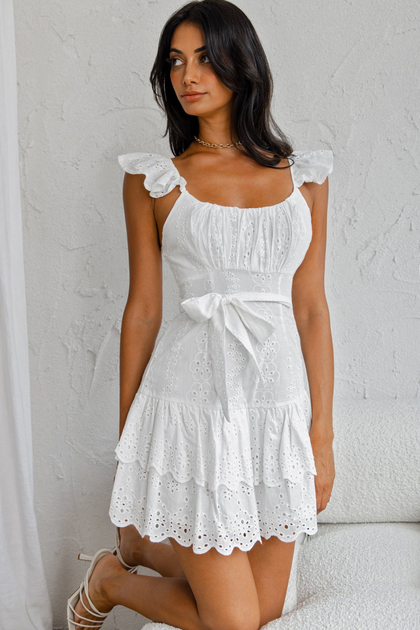 Fairytale Ending Ruffle Strap Eyelet Dress White-Maymioy