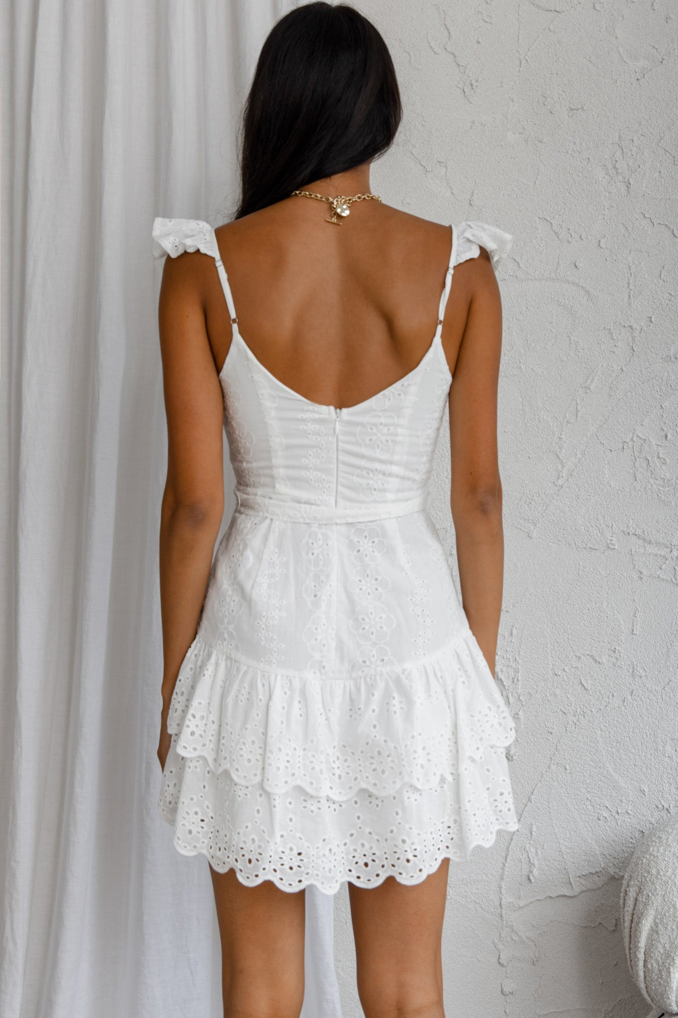 Fairytale Ending Ruffle Strap Eyelet Dress White-Maymioy