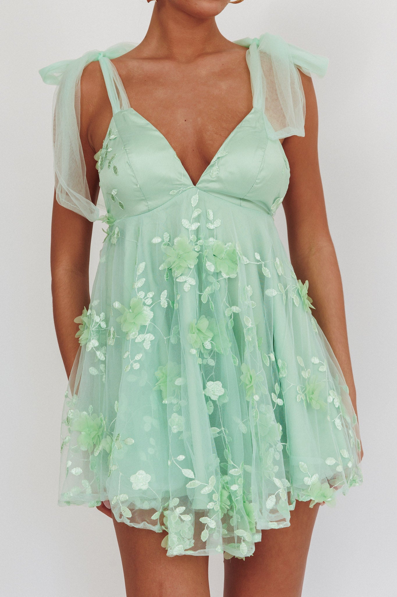 Chantilly Tied Shoulder Mini Dress Sage-Maymioy