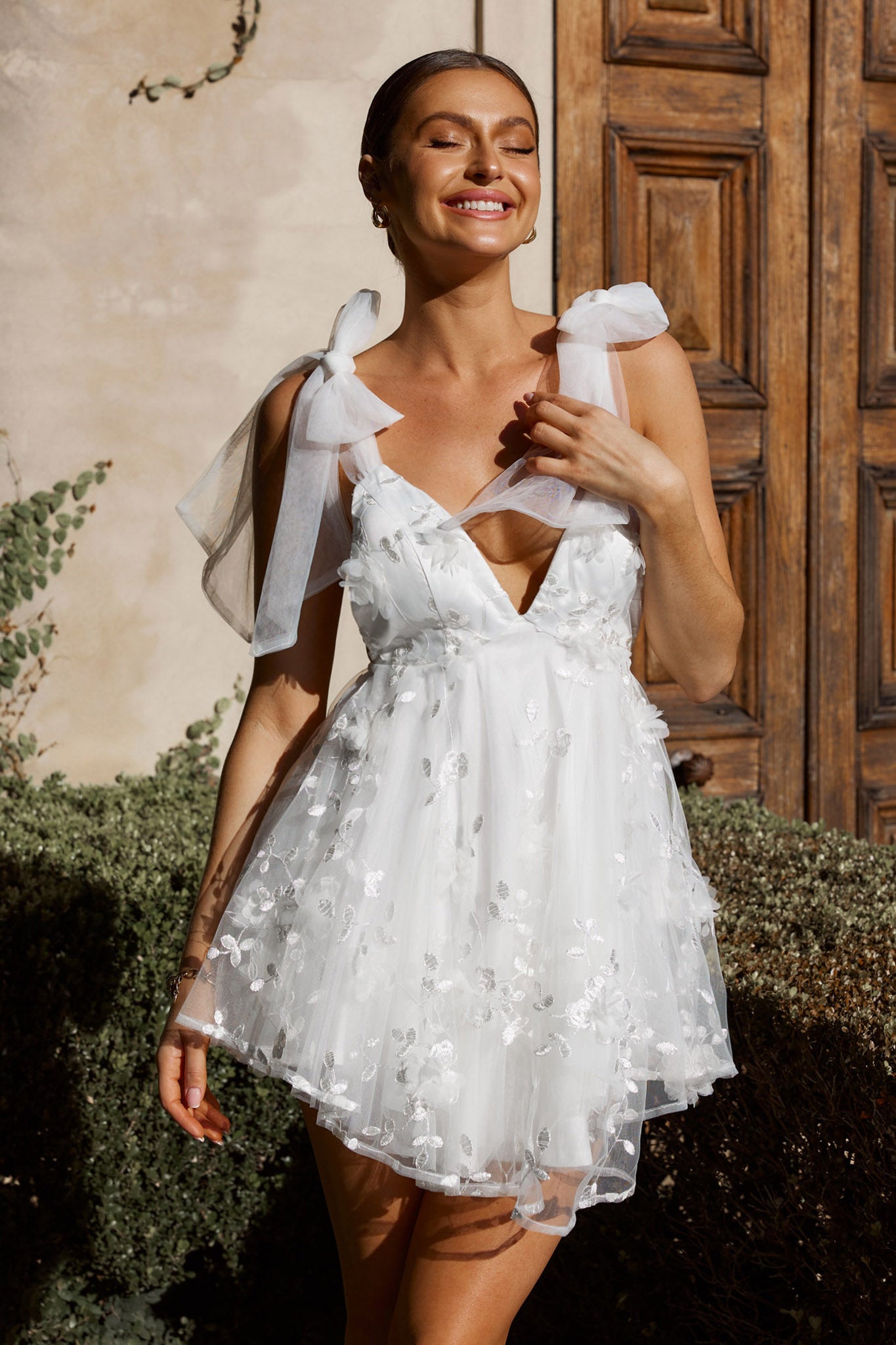 Chantilly Tied Shoulder Mini Dress White-Maymioy