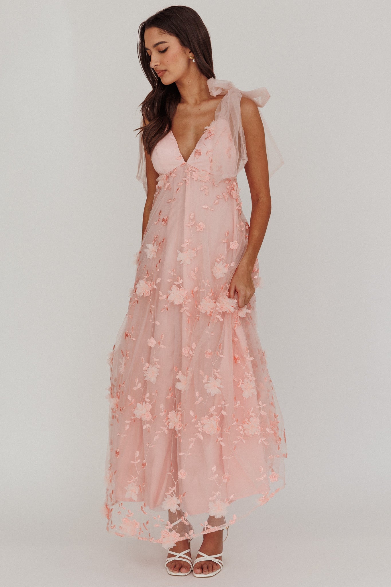 Chantilly Tied Shoulder Maxi Dress Blush-Maymioy