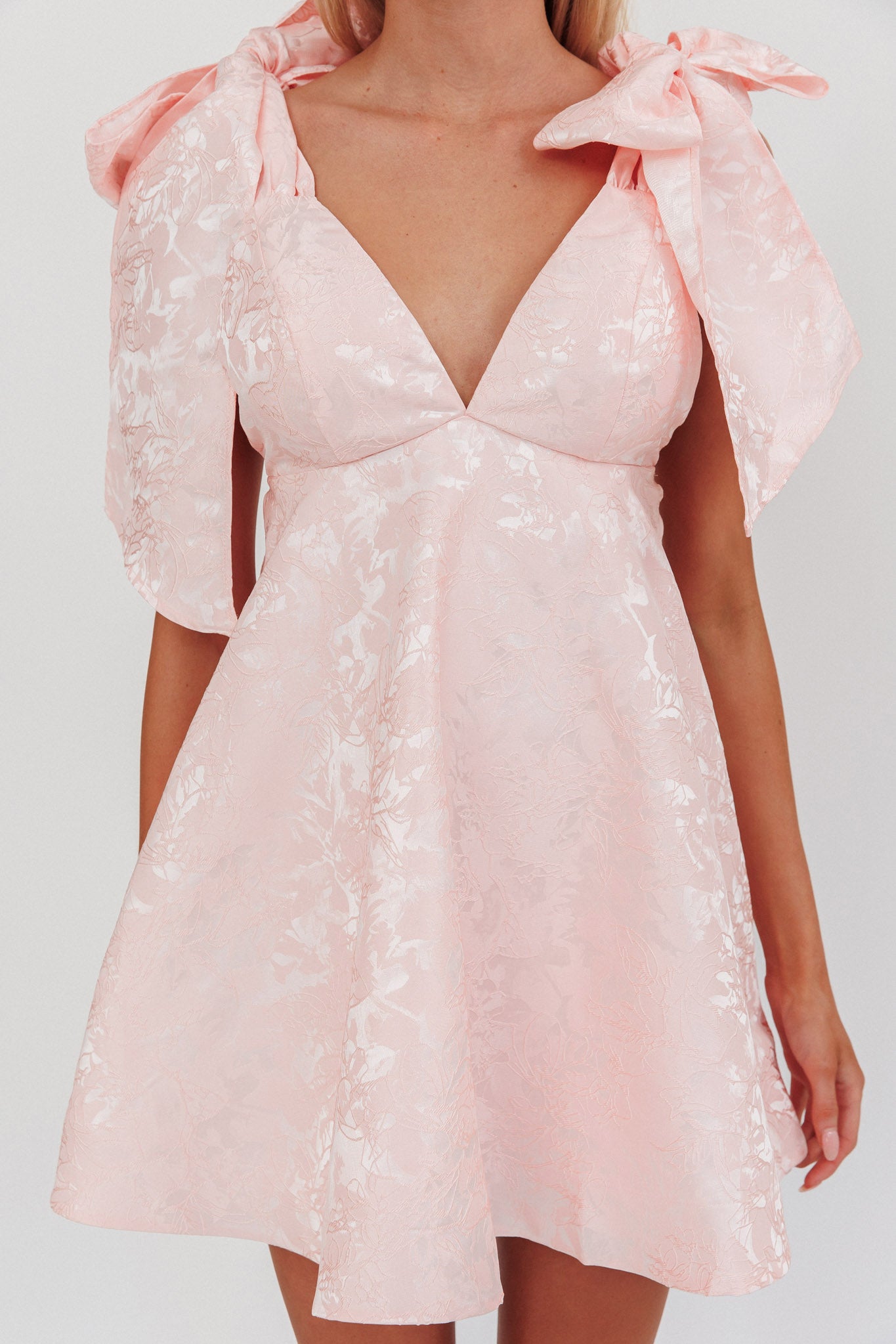 Chantilly Tied Shoulder Jacquard Mini Dress Blush-Maymioy