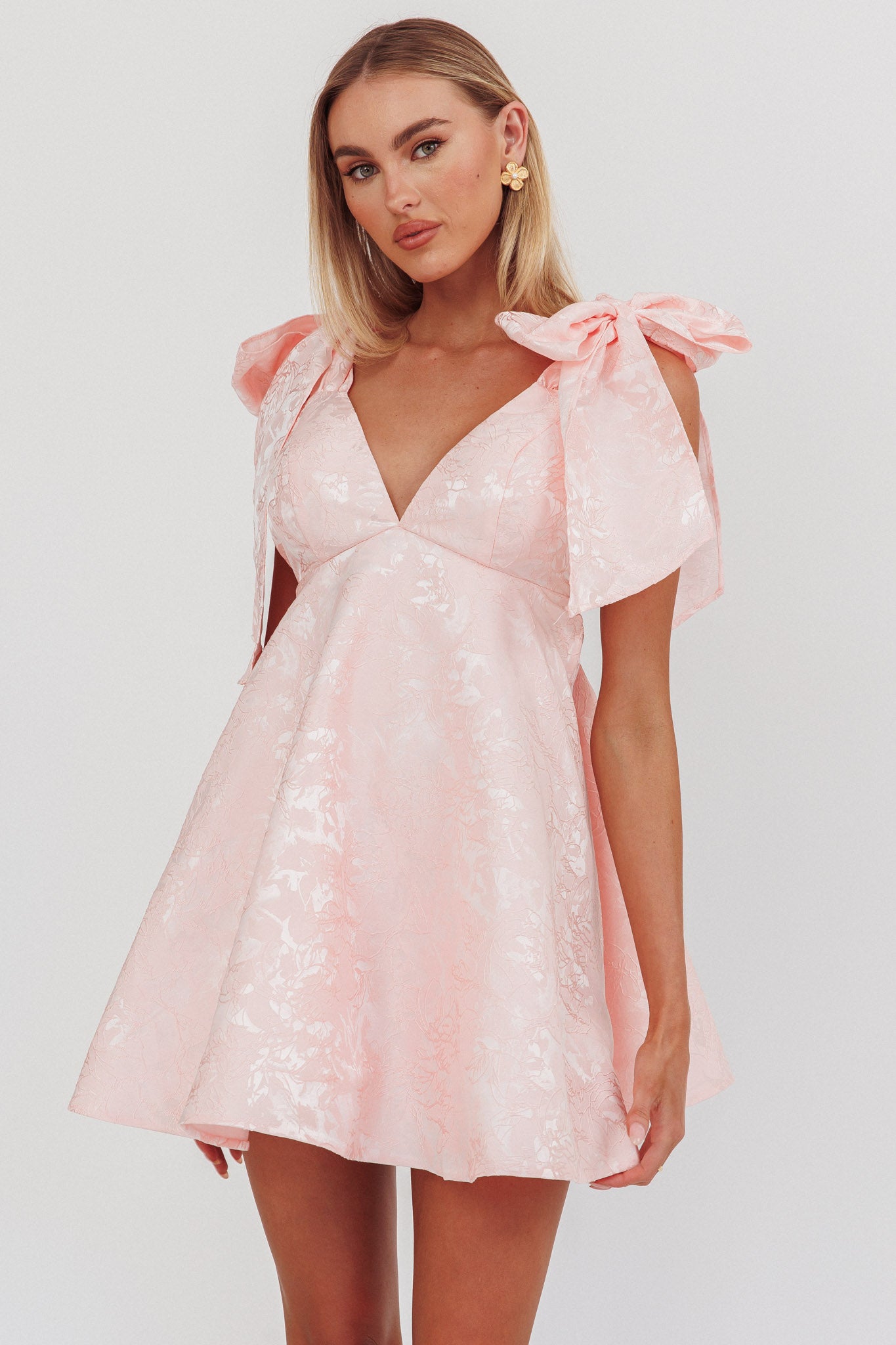 Chantilly Tied Shoulder Jacquard Mini Dress Blush-Maymioy
