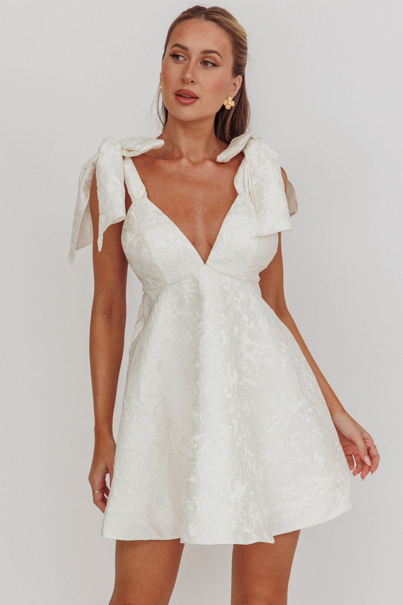 Chantilly Tied Shoulder Jacquard Mini Dress White-Maymioy