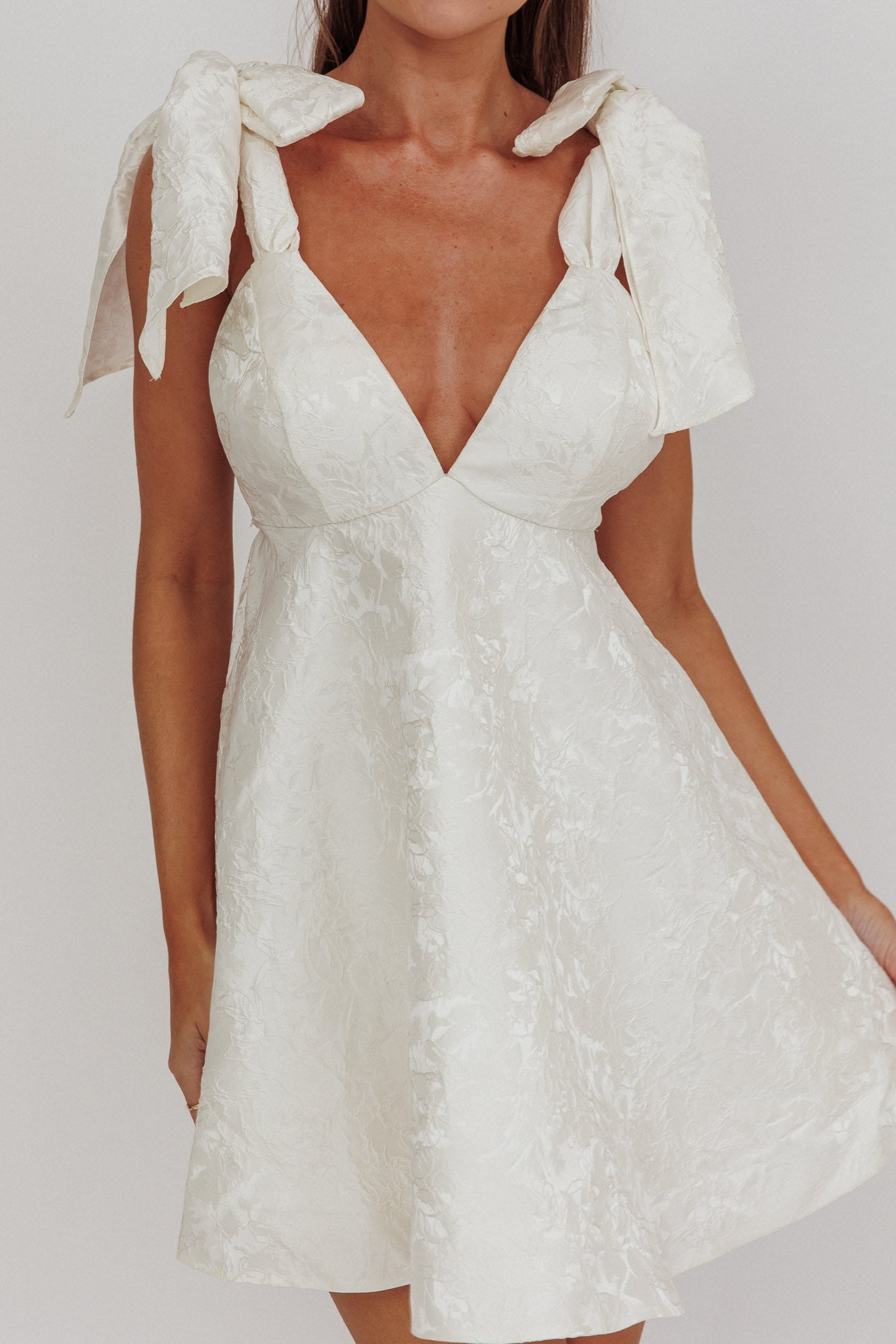 Chantilly Tied Shoulder Jacquard Mini Dress White-Maymioy