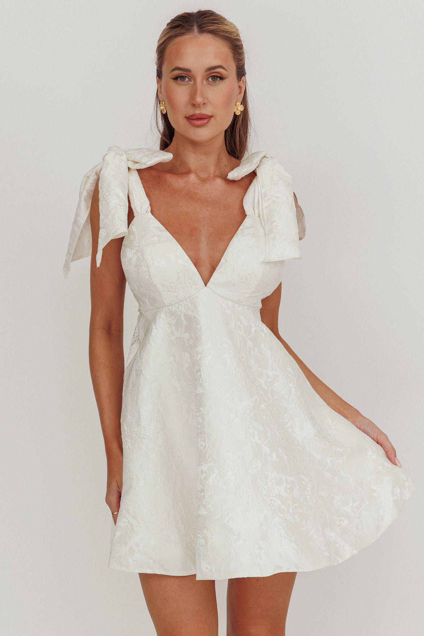 Chantilly Tied Shoulder Jacquard Mini Dress White-Maymioy