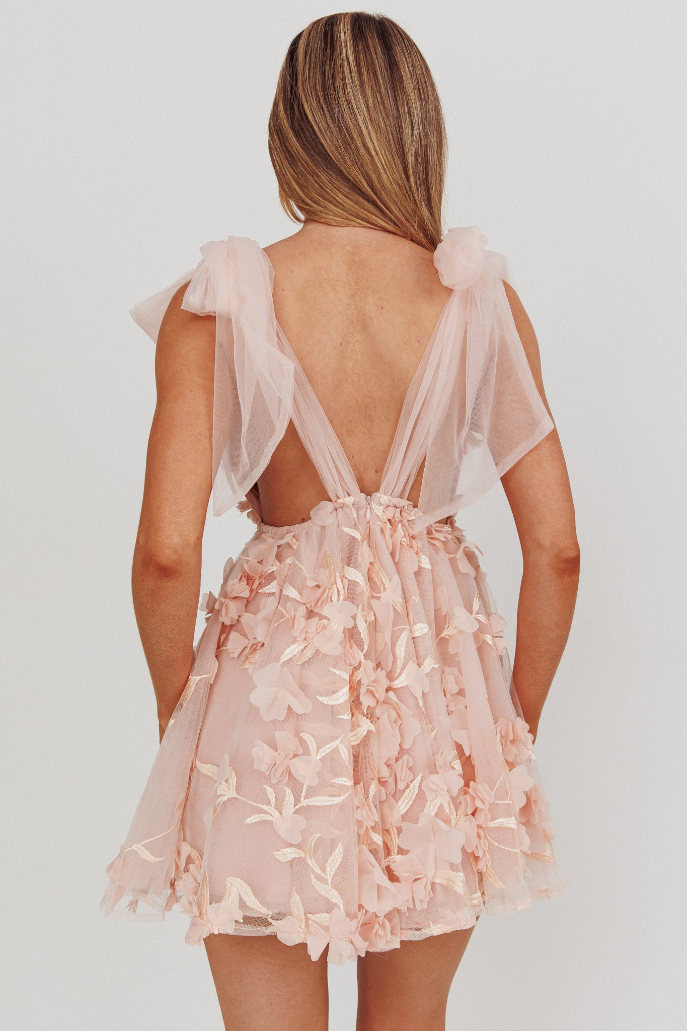 Chantilly Tied Shoulder Mini Dress Floral Embellished Pink-Maymioy