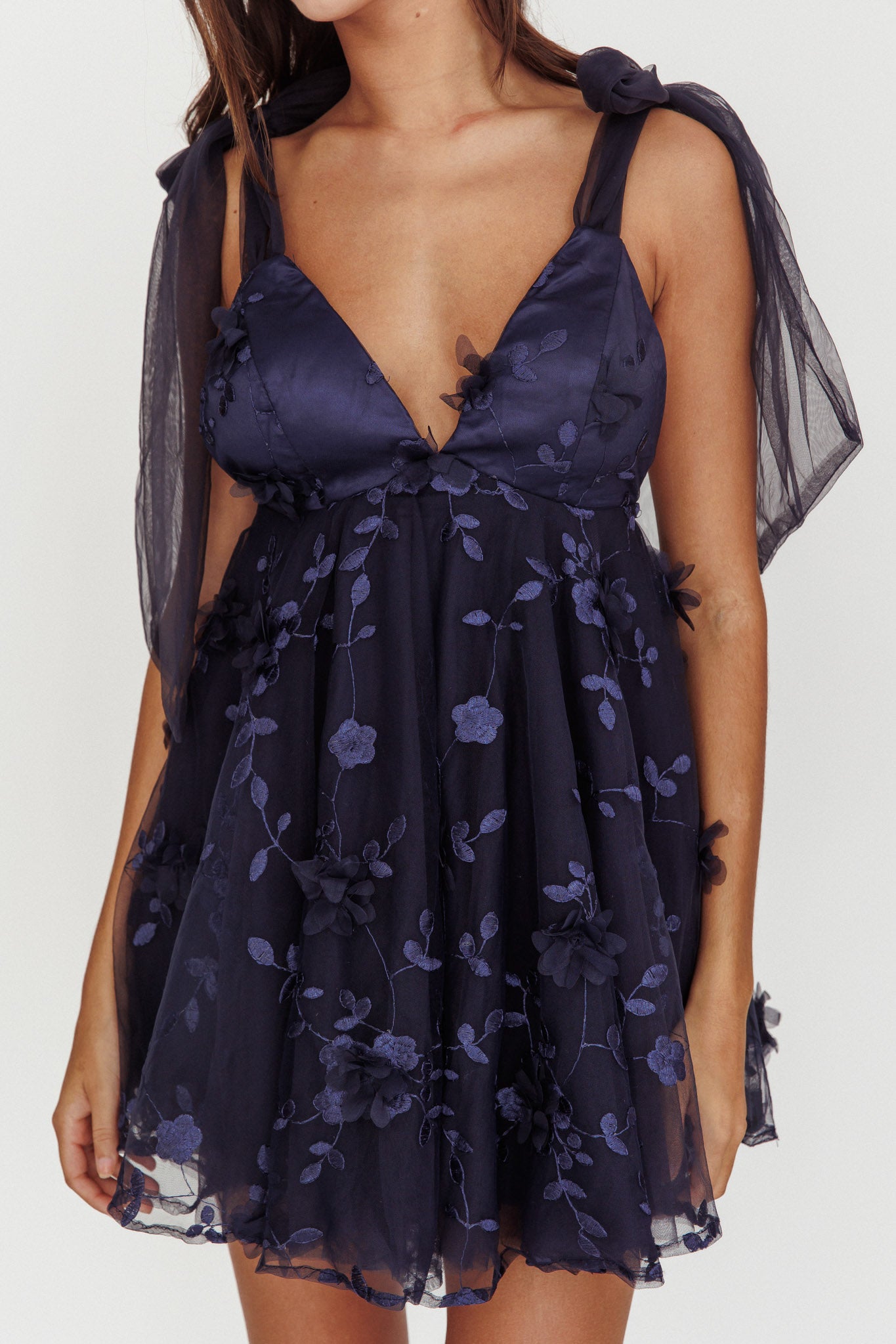Chantilly Tied Shoulder Mini Dress Navy-Maymioy