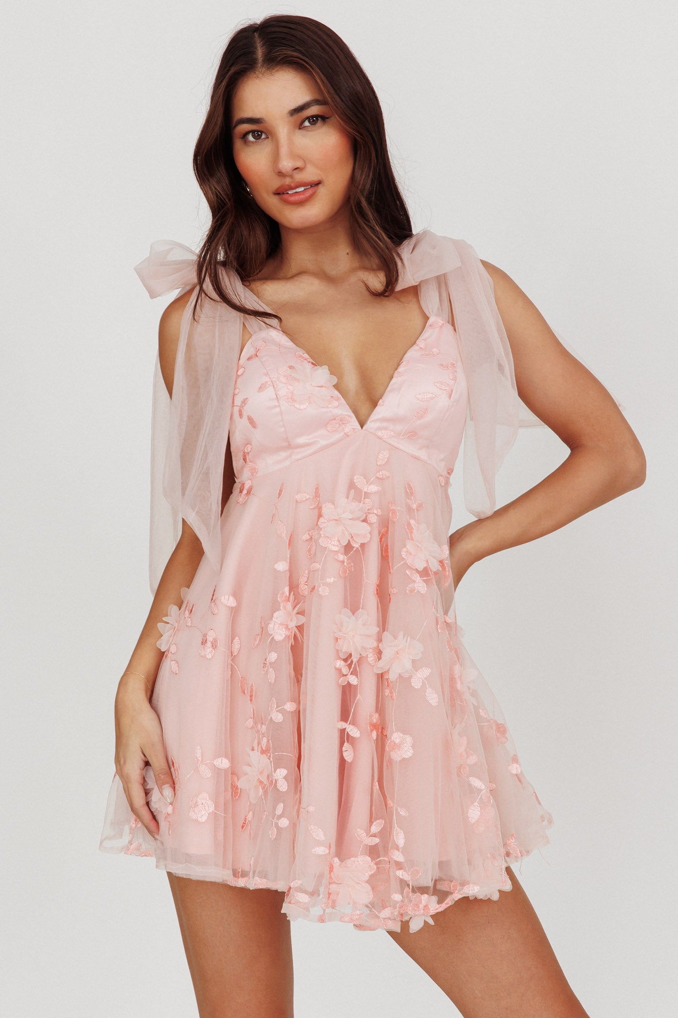 Chantilly Tied Shoulder Mini Dress Pink-Maymioy