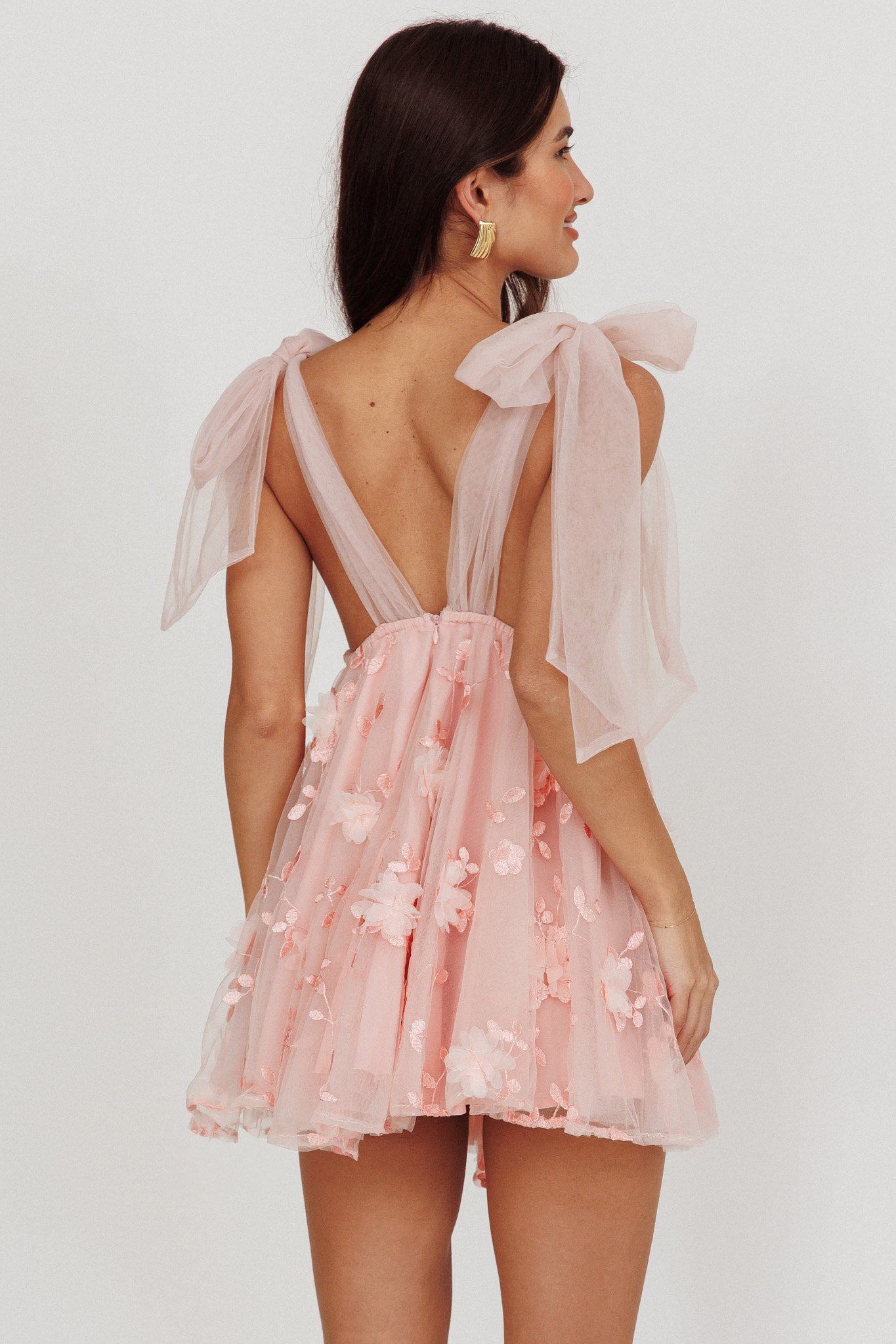 Chantilly Tied Shoulder Mini Dress Pink-Maymioy