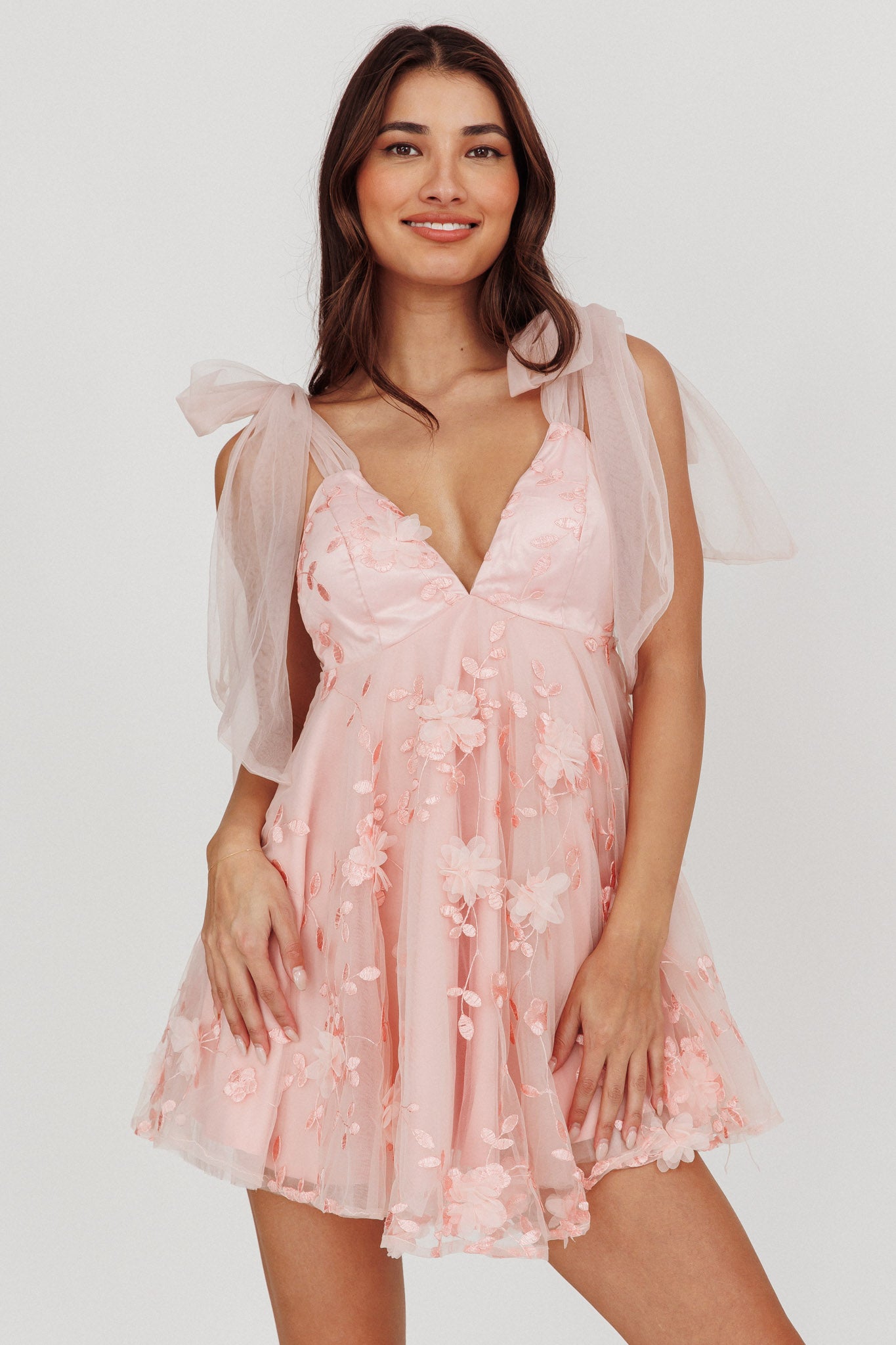 Chantilly Tied Shoulder Mini Dress Pink-Maymioy