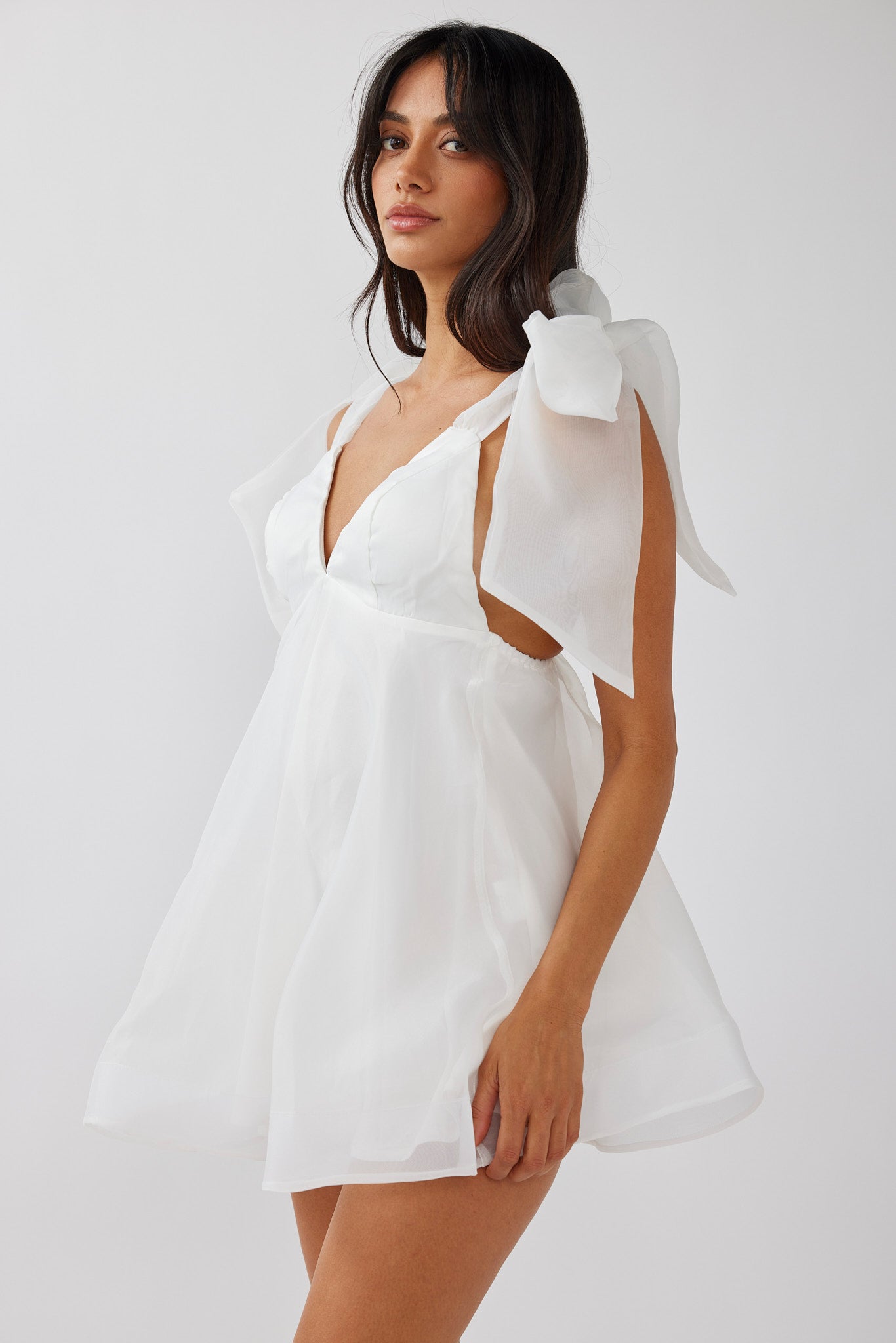 Chantilly Tied Shoulder Mini Dress Solid White-Maymioy