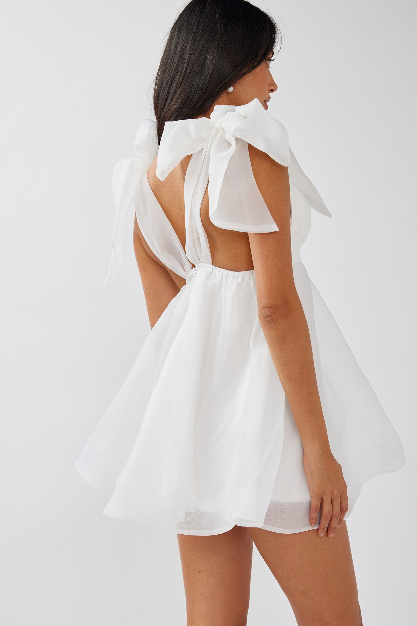 Chantilly Tied Shoulder Mini Dress Solid White-Maymioy