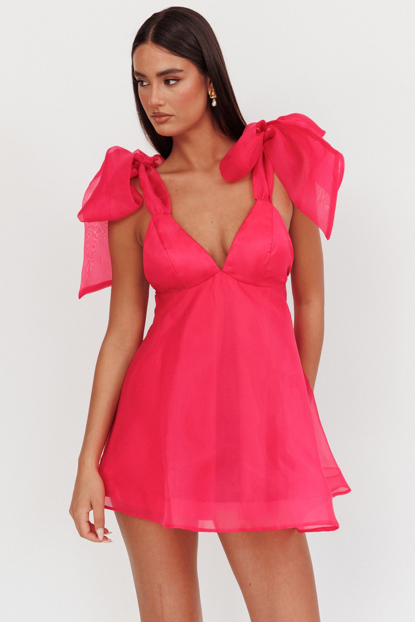 Chantilly Tied Shoulder Mini Dress Fuchsia-Maymioy