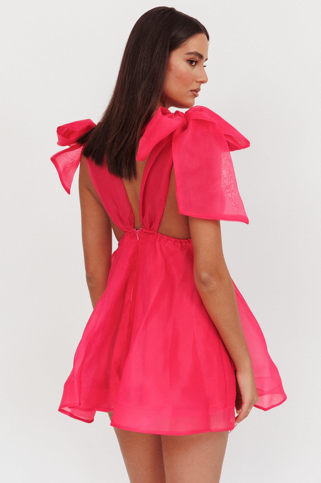 Chantilly Tied Shoulder Mini Dress Fuchsia-Maymioy