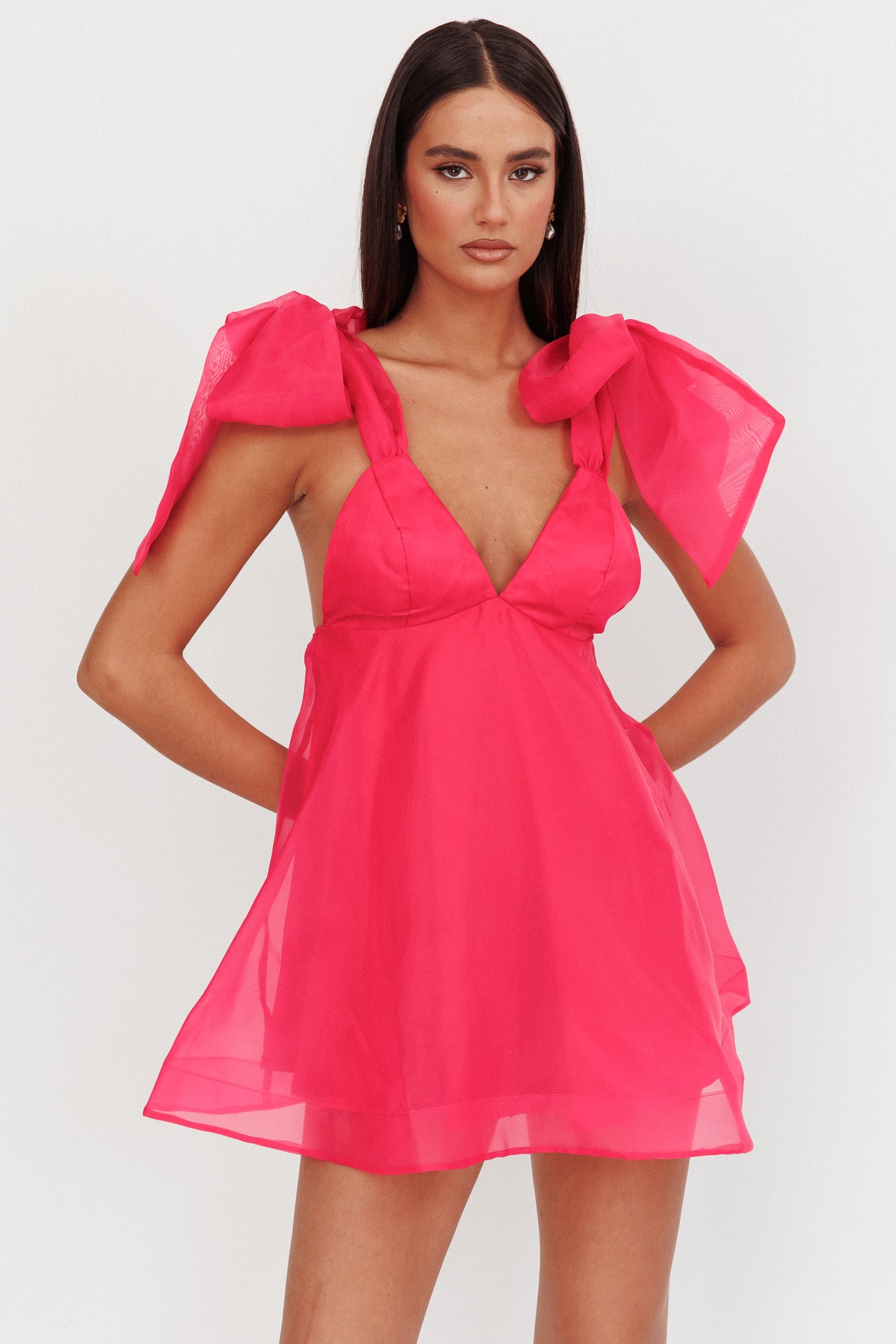 Chantilly Tied Shoulder Mini Dress Fuchsia-Maymioy