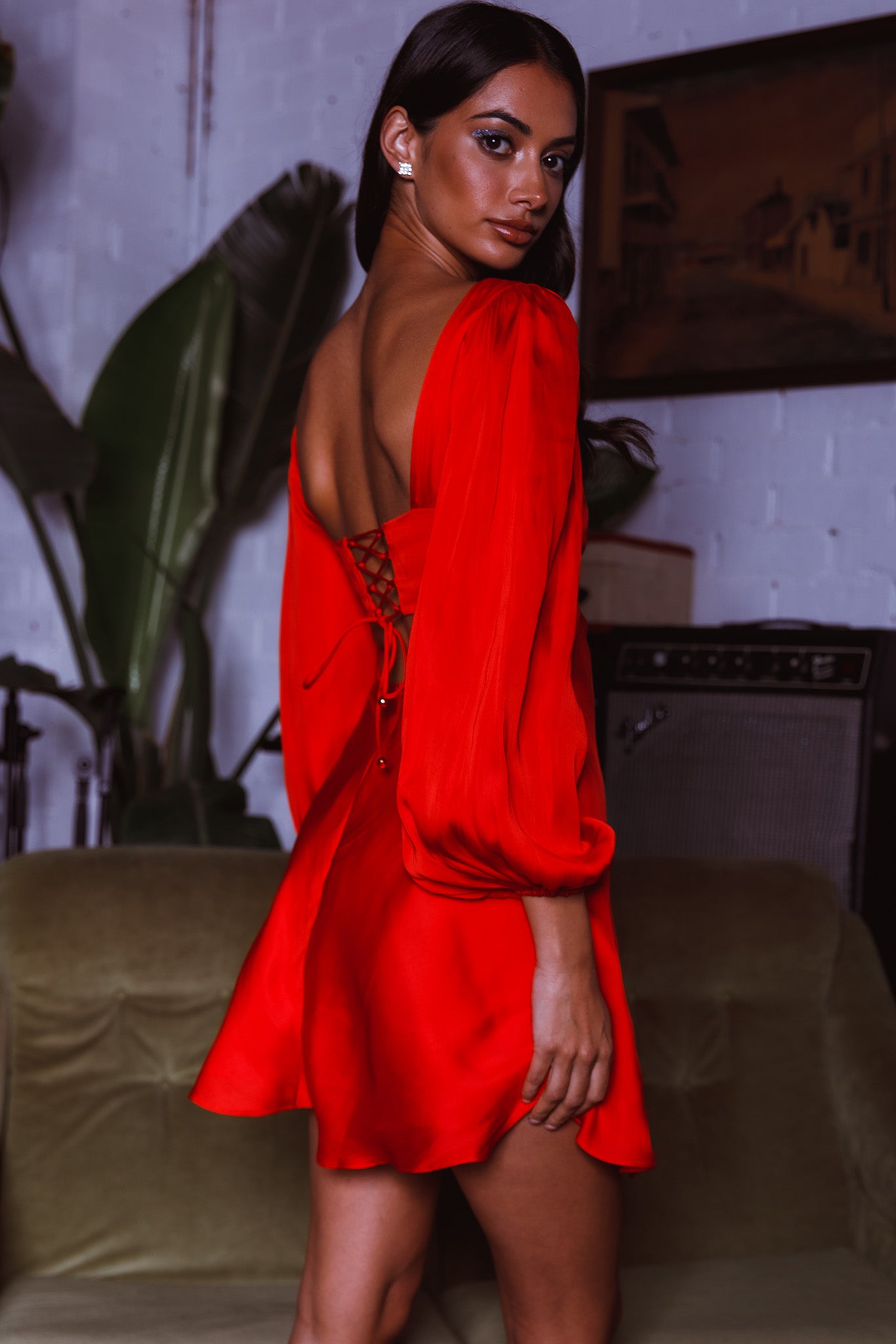 Jonah Lace-Up Back Mini Dress Red-Maymioy