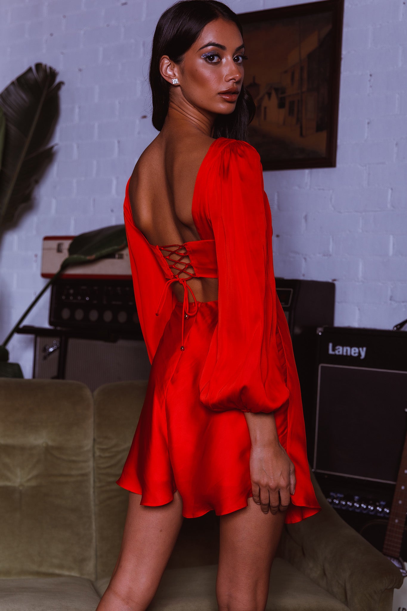 Jonah Lace-Up Back Mini Dress Red-Maymioy