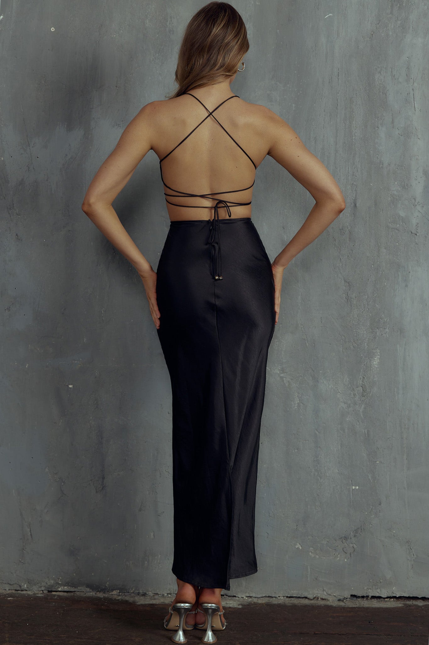 Heaven On Earth Lace-Up Back Maxi Dress Black-Maymioy