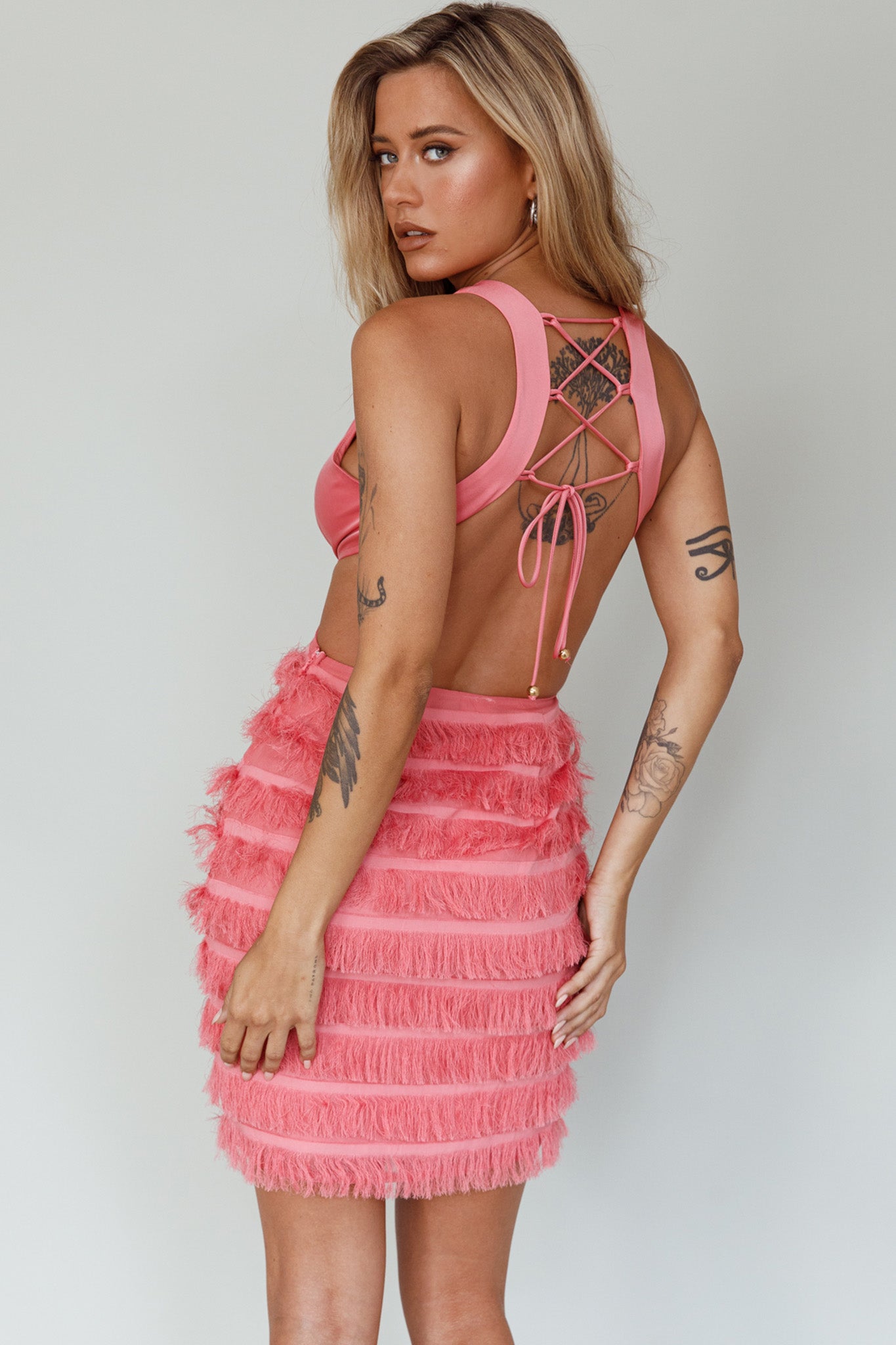 Jolie Fringing Detail Mini Dress Barbie Pink-Maymioy