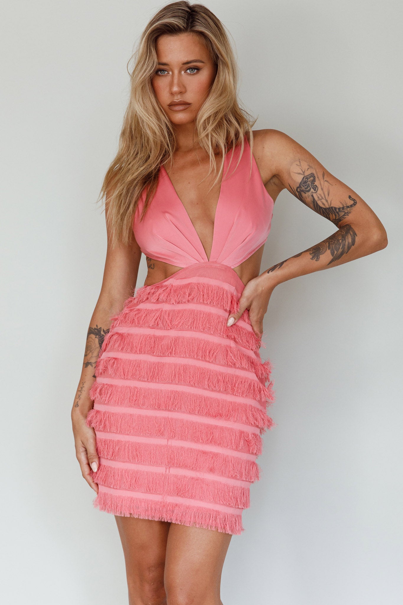Jolie Fringing Detail Mini Dress Barbie Pink-Maymioy