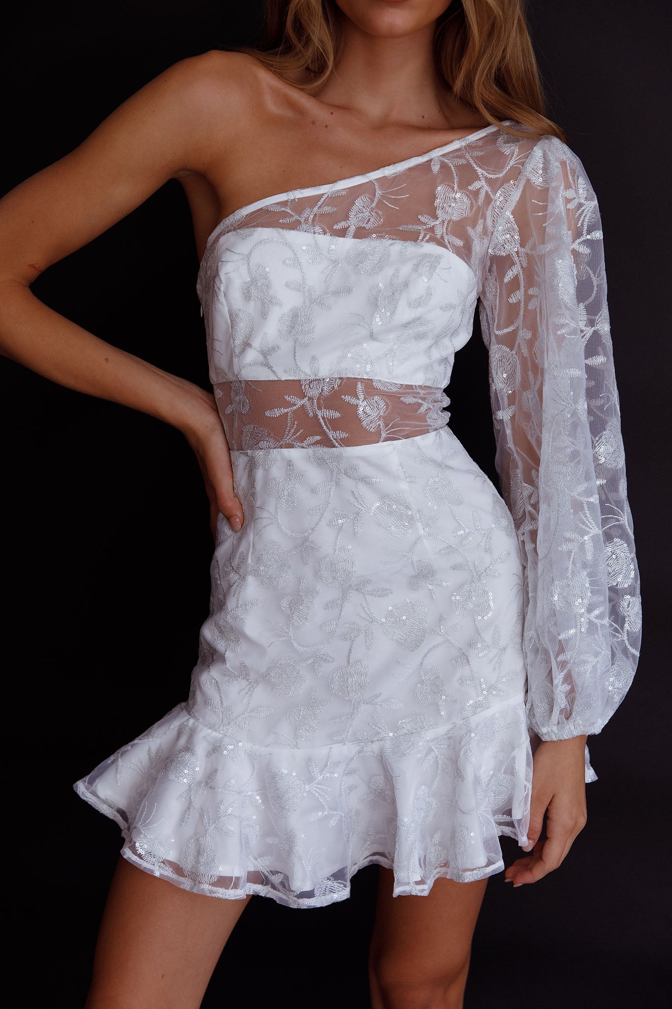 Summerville One-Shoulder Embellished Dress White-Maymioy