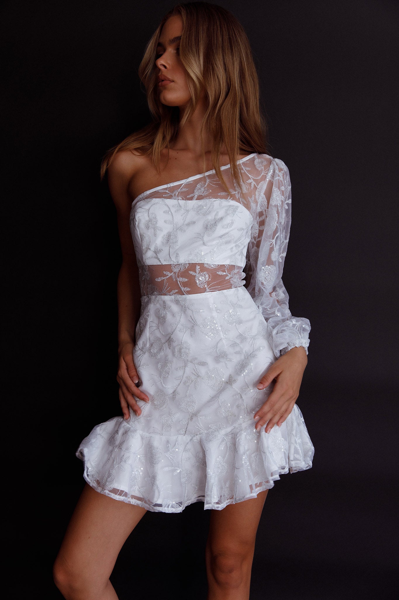 Summerville One-Shoulder Embellished Dress White-Maymioy