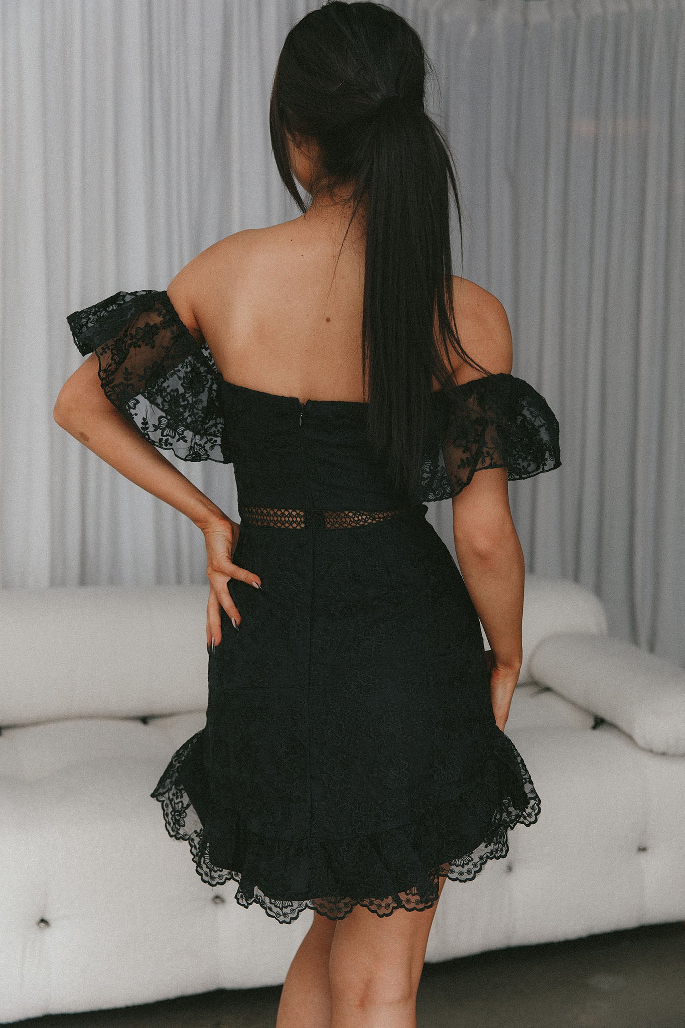 Remi Frill Shoulder Embroidered Dress Black-Maymioy