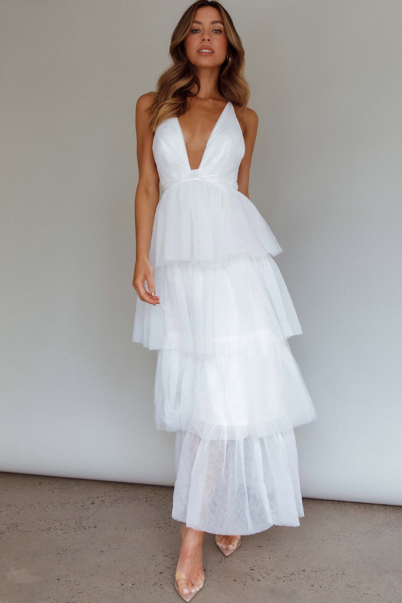 Auguste Tiered Frill Midi Dress White-Maymioy