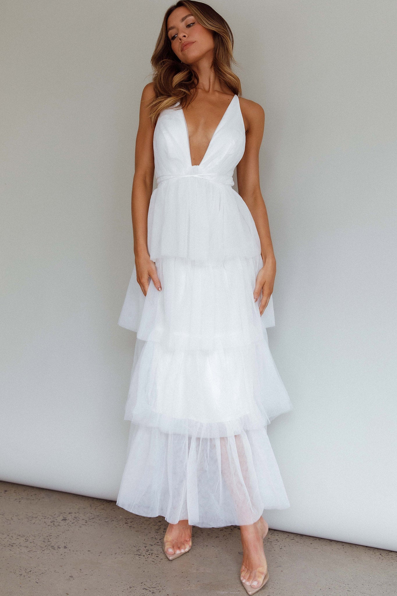 Auguste Tiered Frill Midi Dress White-Maymioy
