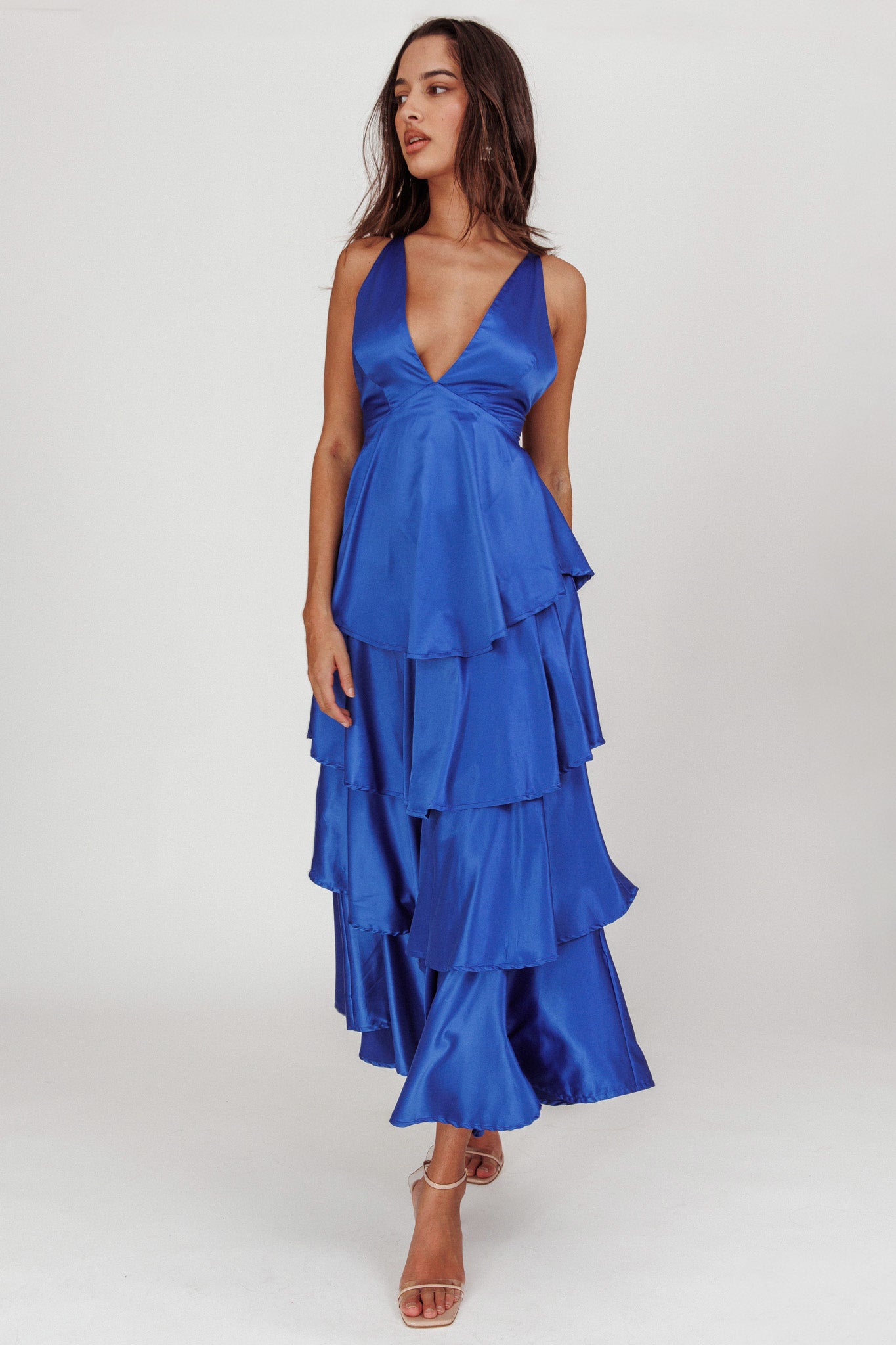 Auguste Tiered Frill Strappy Back Dress Electric Blue-Maymioy