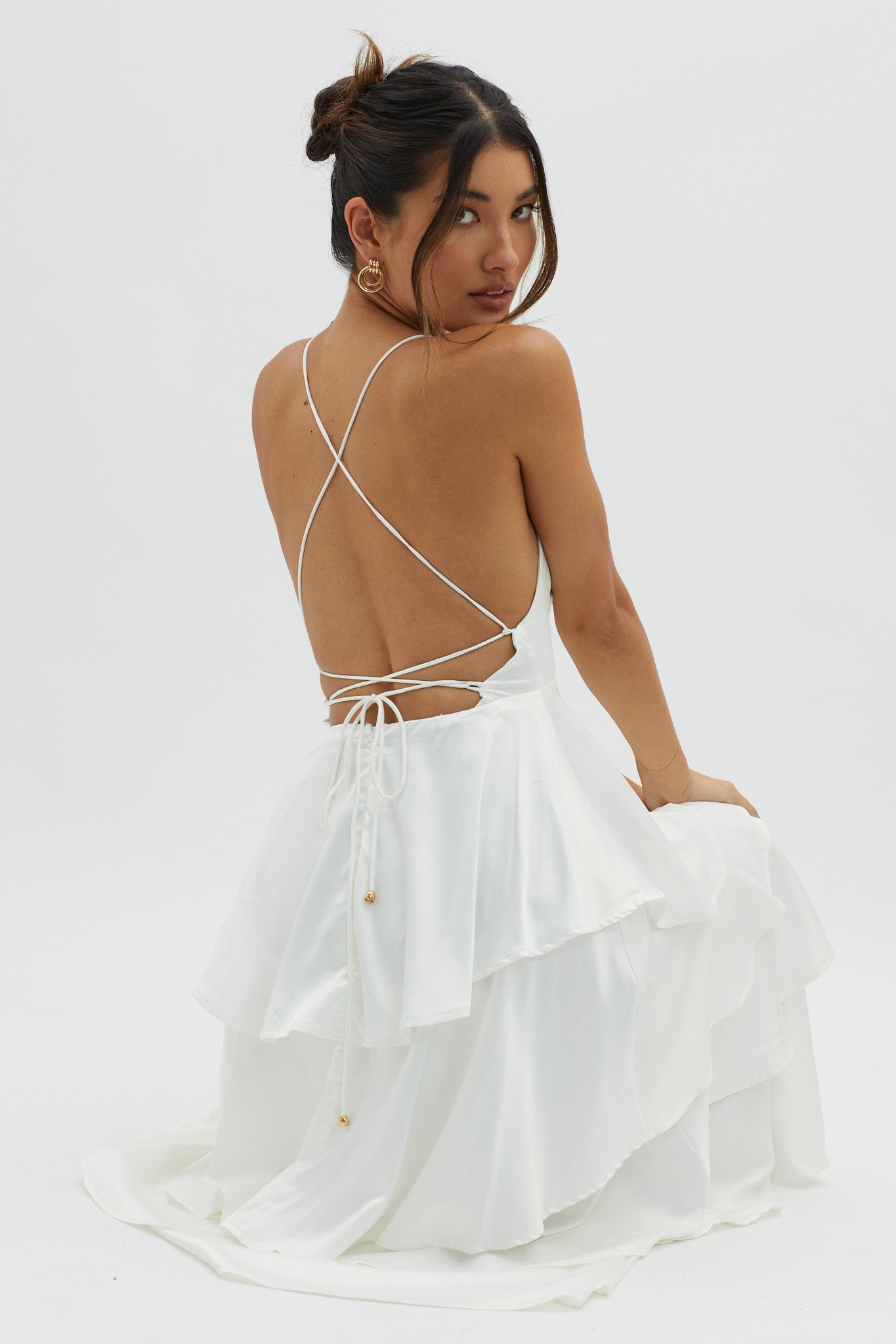 Auguste Tiered Frill Strappy Back Dress Ivory-Maymioy