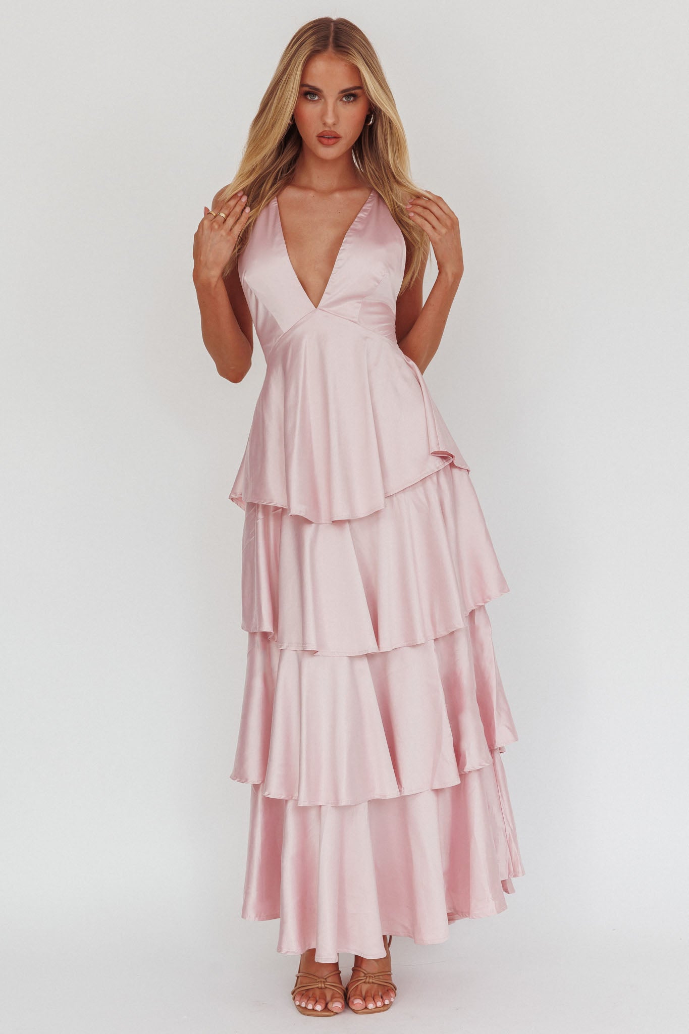 Auguste Tiered Frill Strappy Back Dress Blush-Maymioy