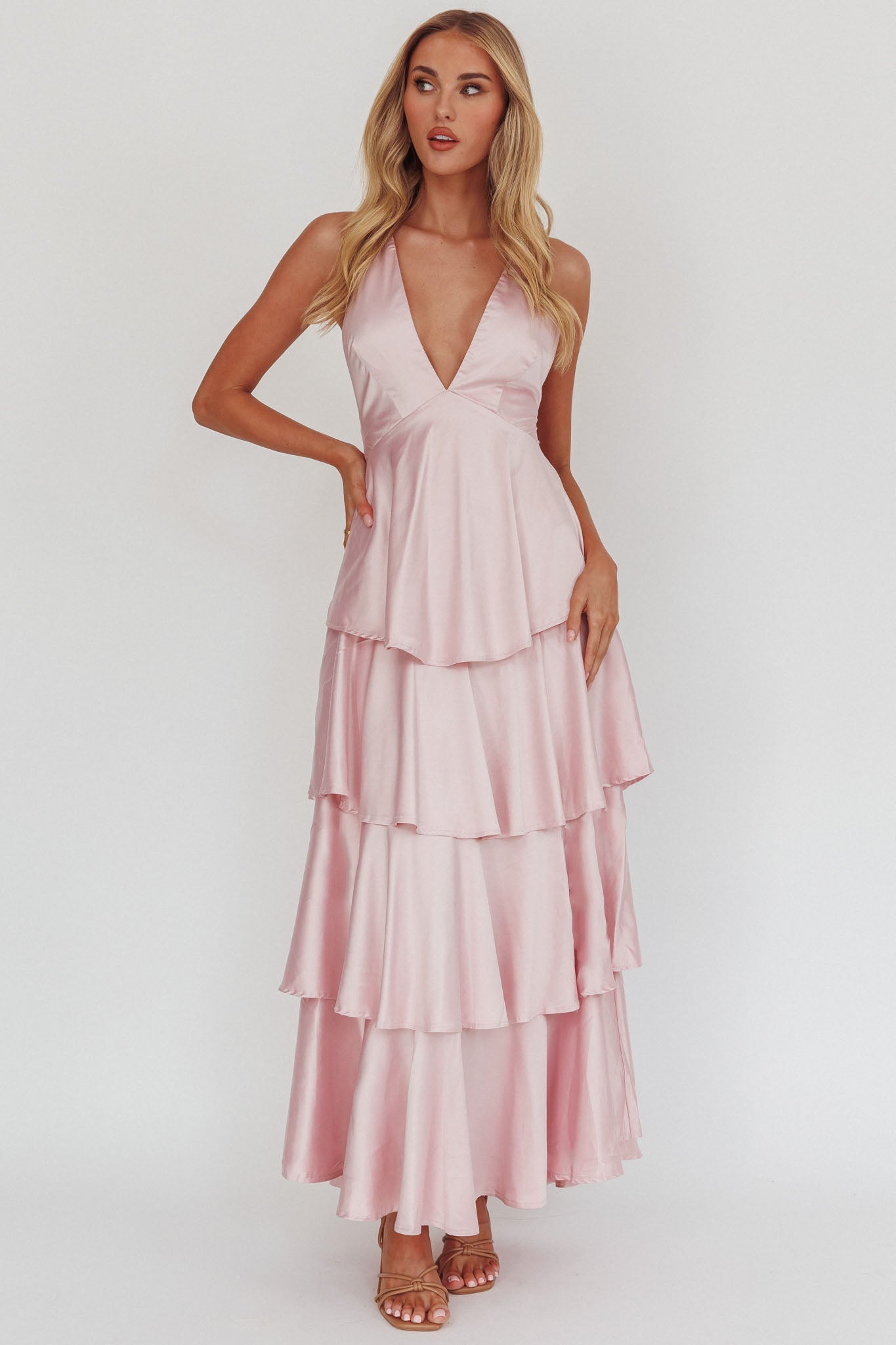 Auguste Tiered Frill Strappy Back Dress Blush-Maymioy
