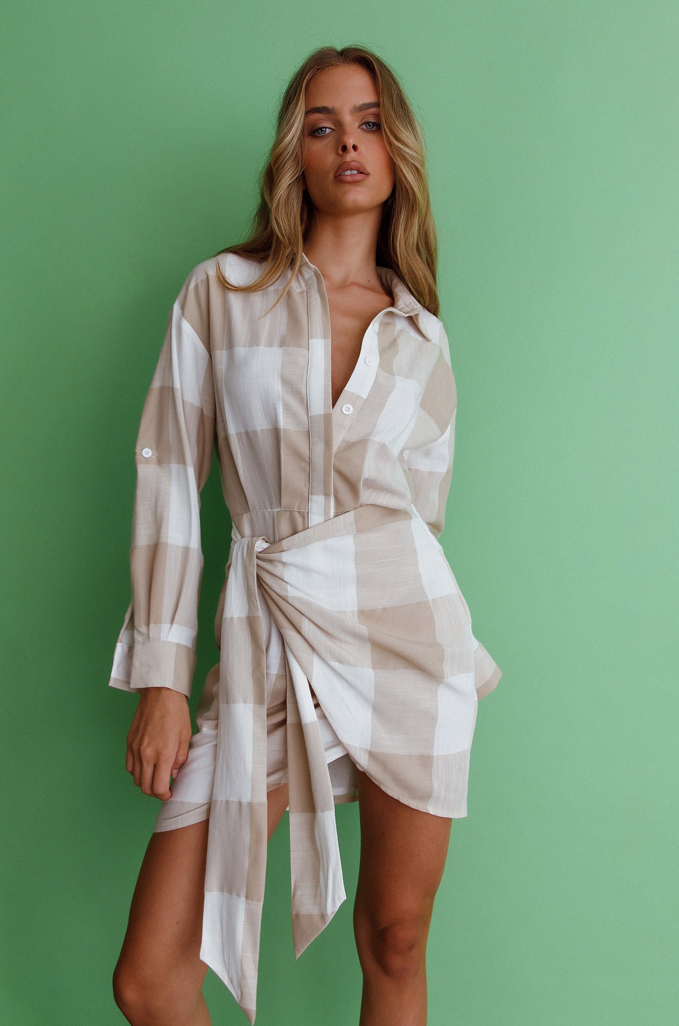 Staten Island Wrap Shirt Dress Sand-Maymioy