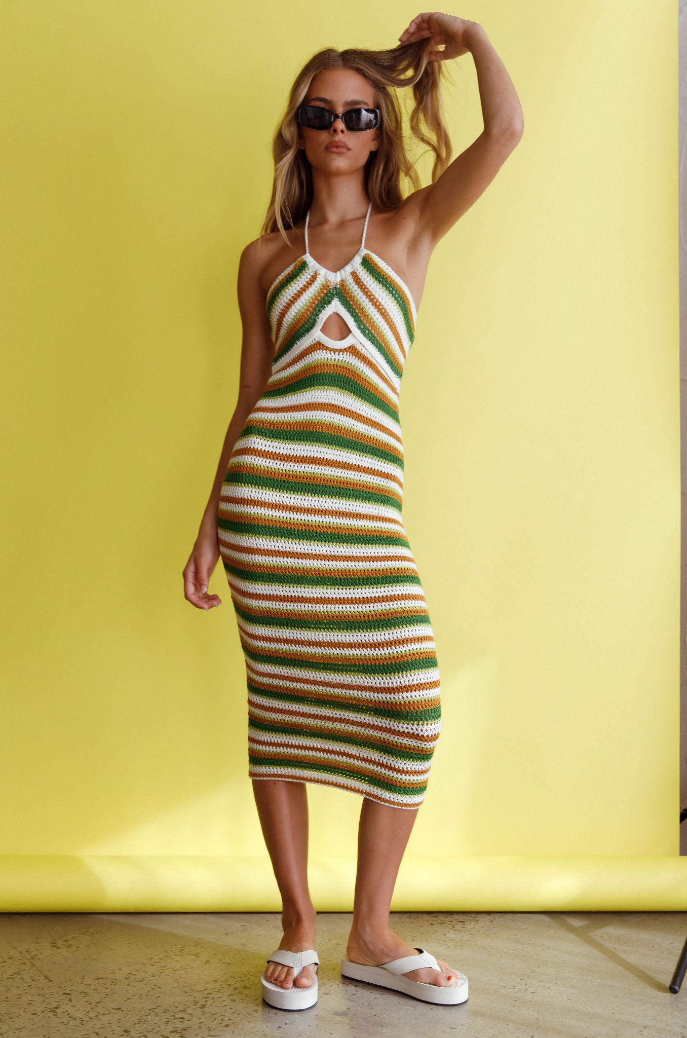 Malibu Nights Halterneck Knit Midi Dress Striped Olive-Maymioy