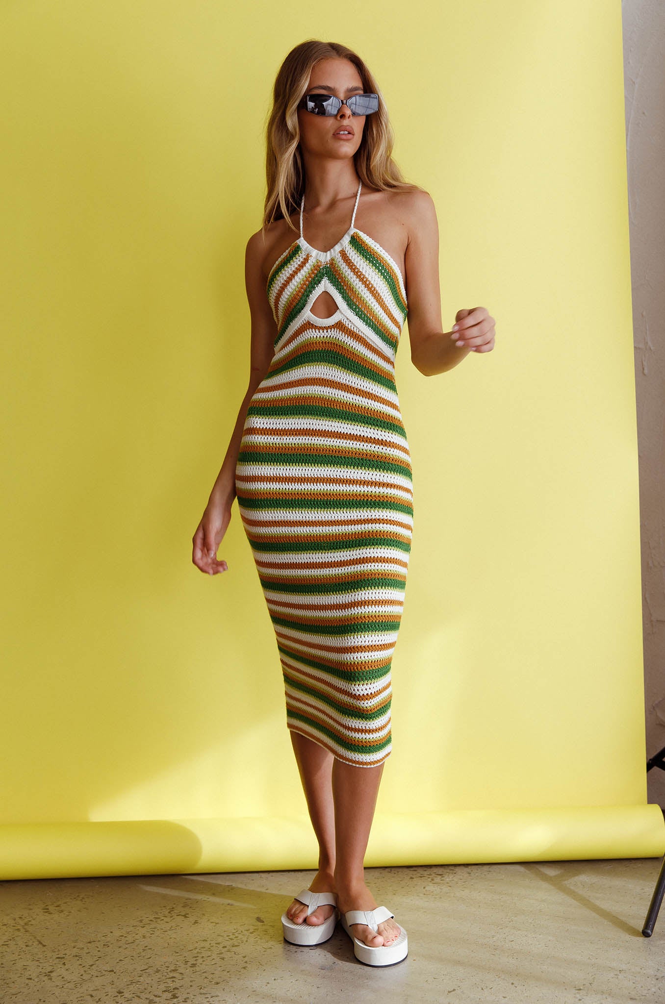 Malibu Nights Halterneck Knit Midi Dress Striped Olive-Maymioy