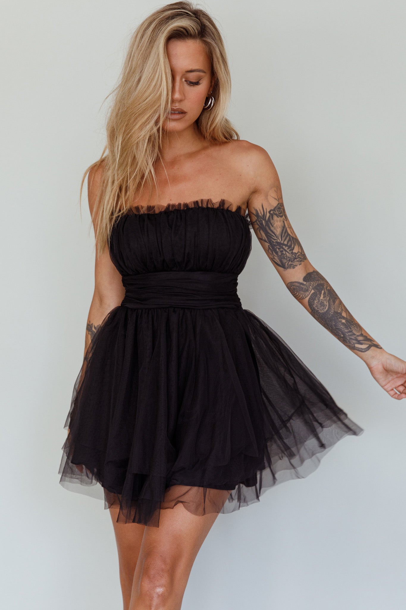 Fayette Strapless Mesh Mini Dress Black-Maymioy