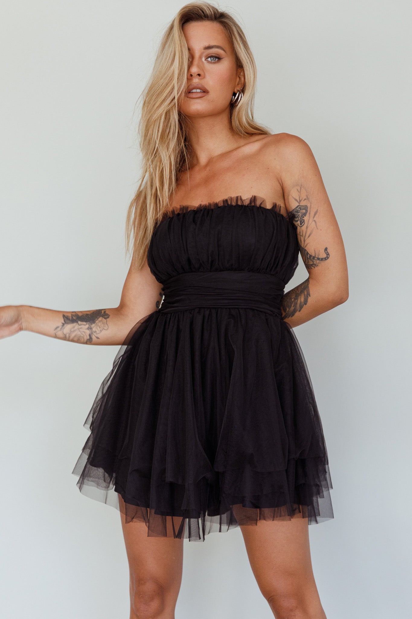 Fayette Strapless Mesh Mini Dress Black-Maymioy