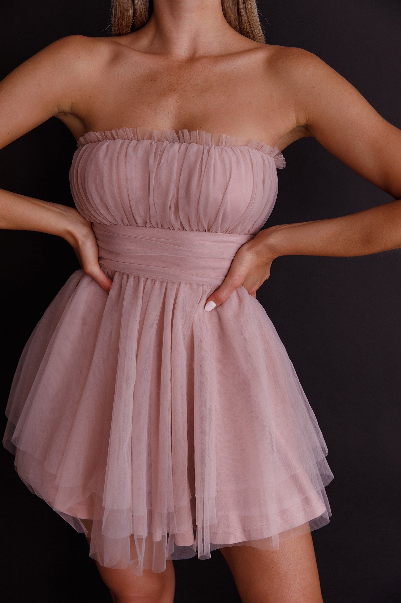 Fayette Strapless Mesh Mini Dress Blush-Maymioy