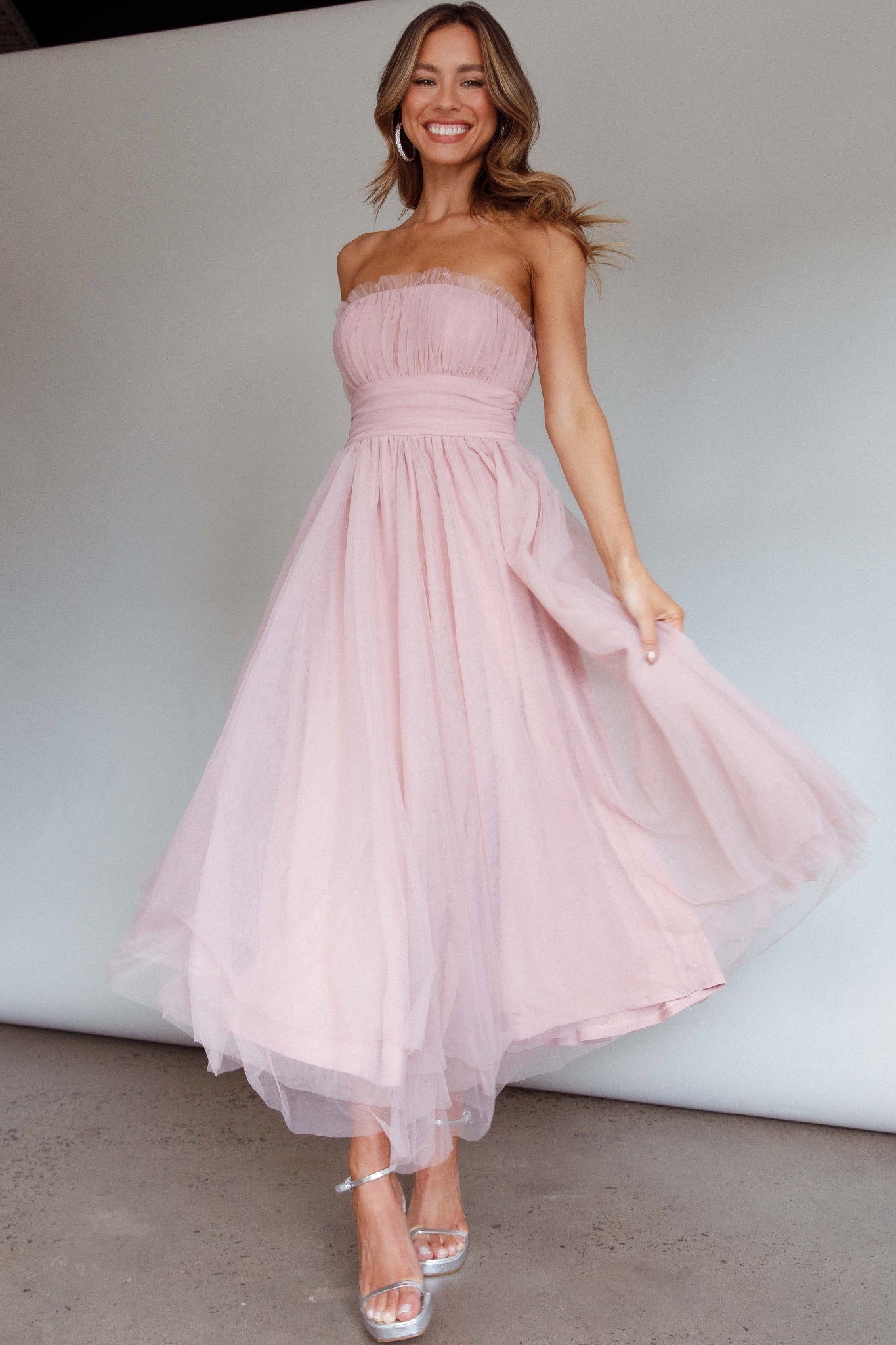 Fayette Strapless Mesh Midi Dress Blush-Maymioy