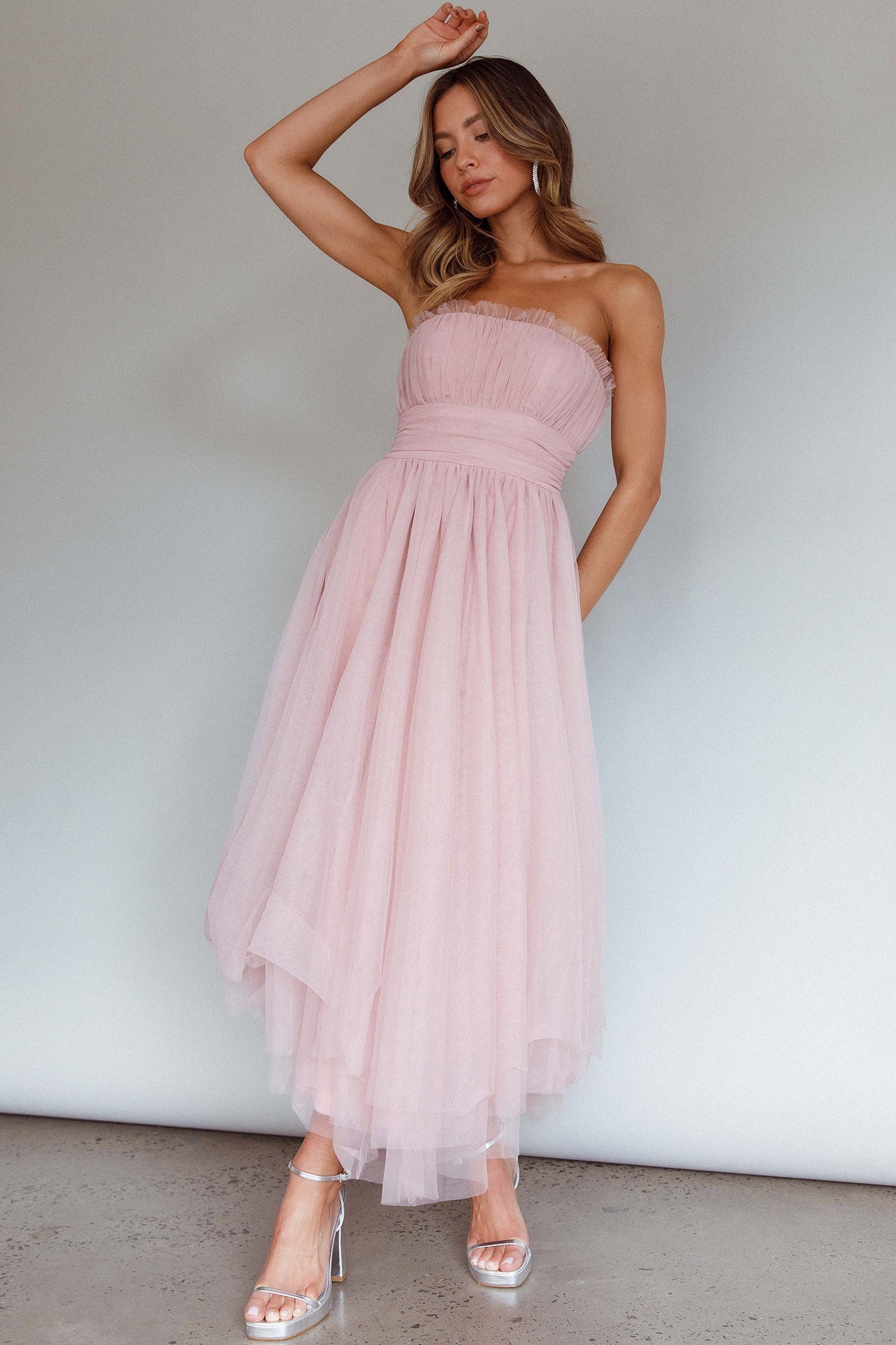 Fayette Strapless Mesh Midi Dress Blush-Maymioy